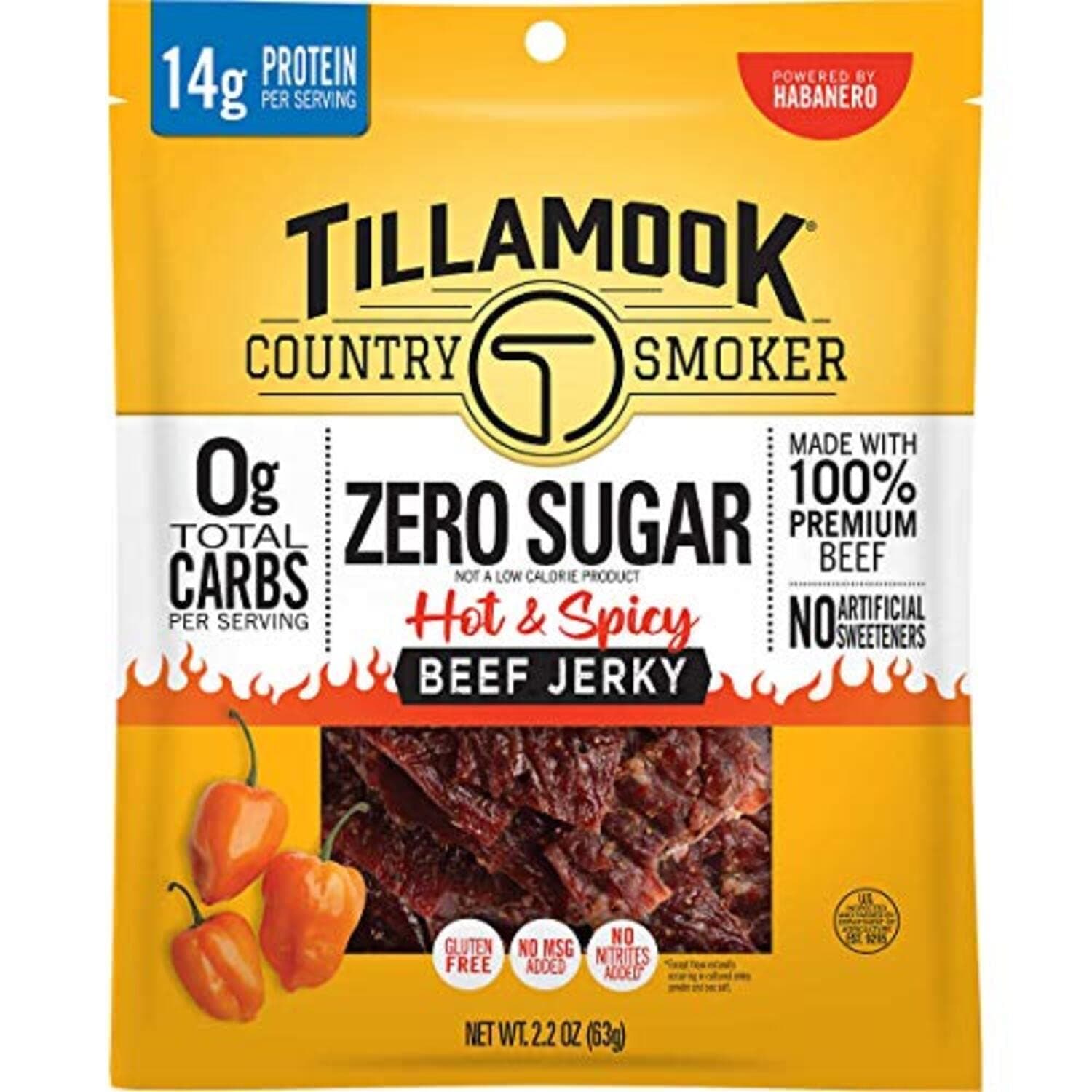 Tillamook Country Smoker Keto Friendly Zero Sugar Beef Jerky, Hot & Spicy, 2.2 Ounce