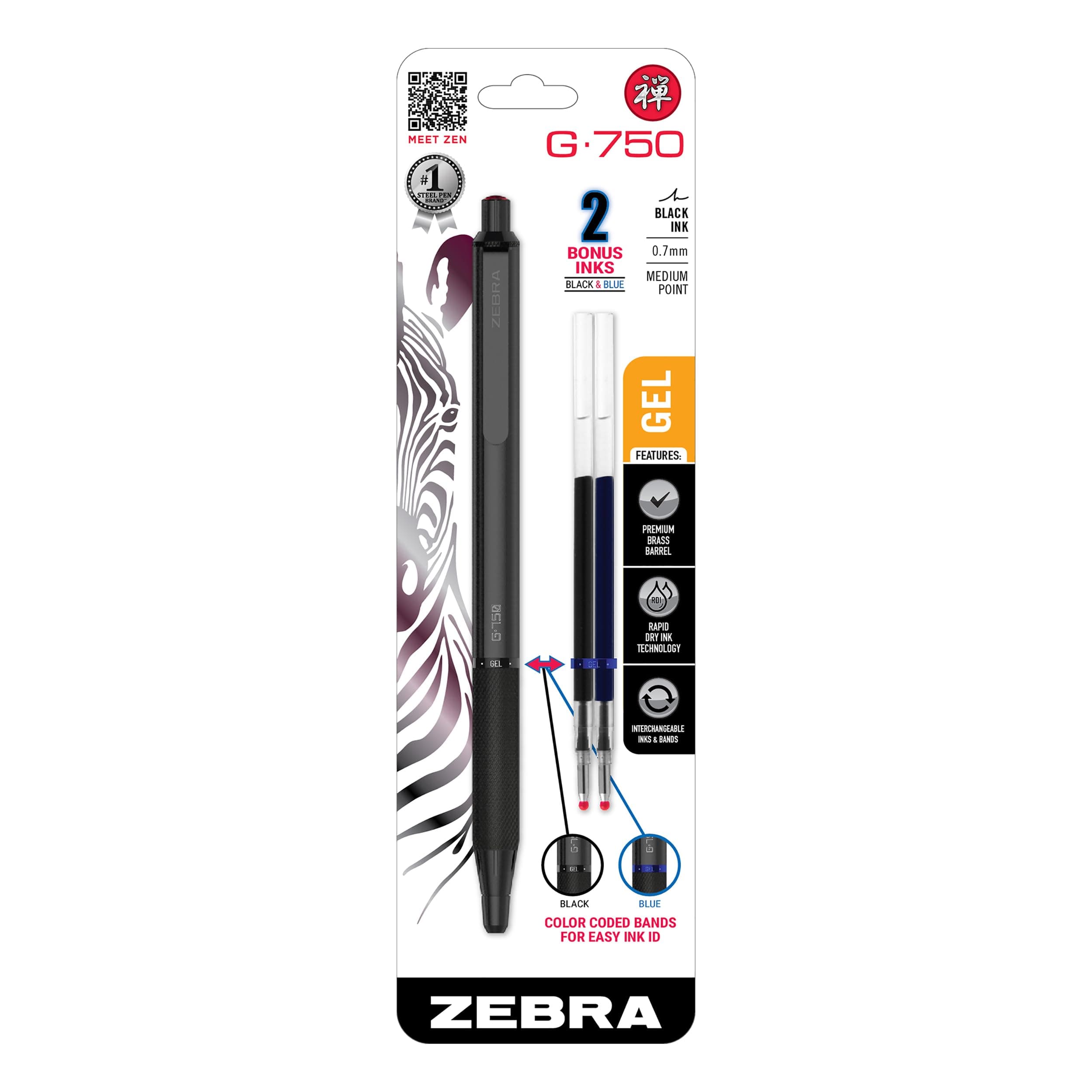 Zebra Pen G-750 Retractable Gel Pen, Black Brass Barrel, Medium Point, 0.7mm, Black Ink, 1-Pack