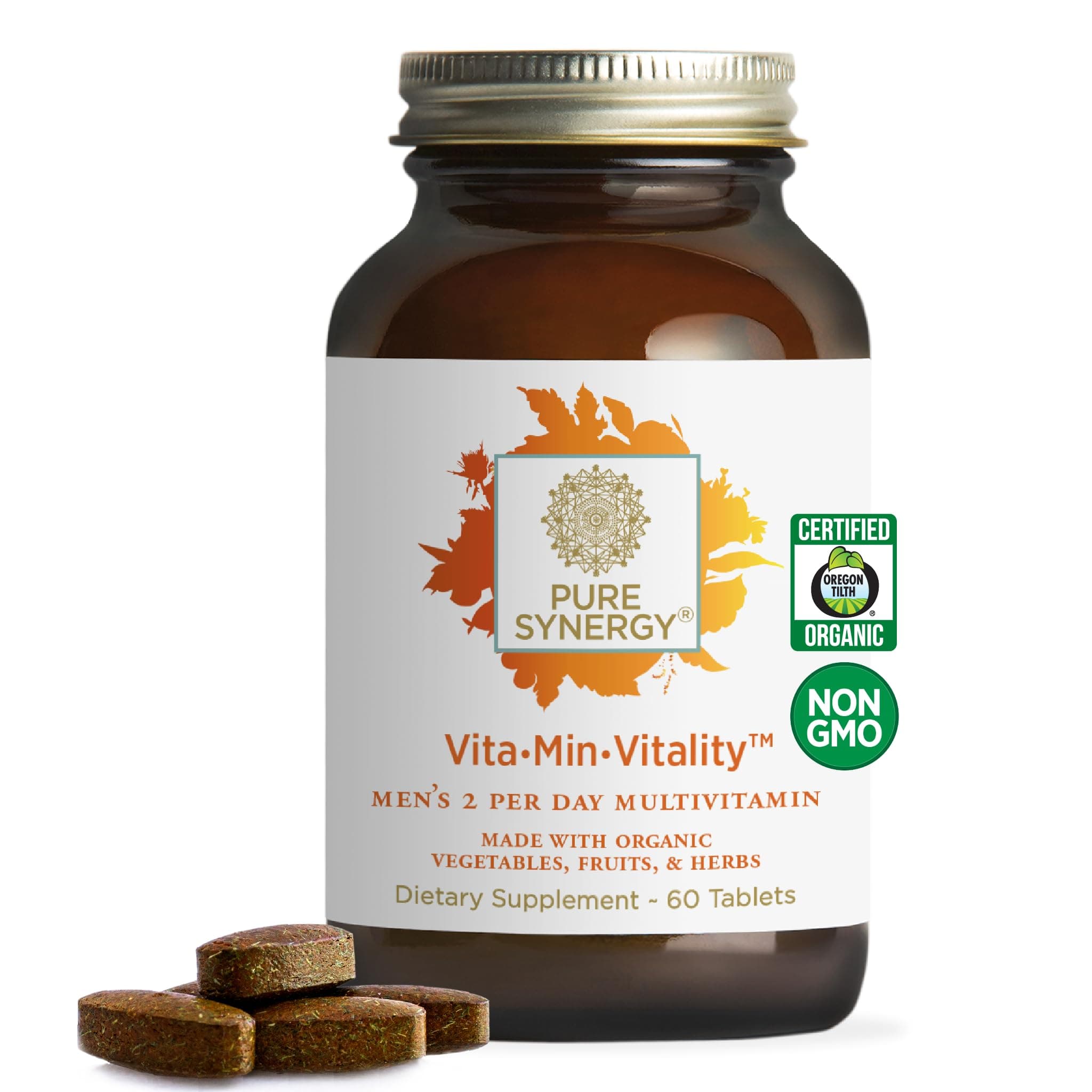 PURE SYNERGY Vita·Min·Vitality | Natural Multivitamin for Men | Men’s Daily Multivitamin Made with Organic Whole Foods | for Energy, Stress, and Immune Support (60 Tablets)