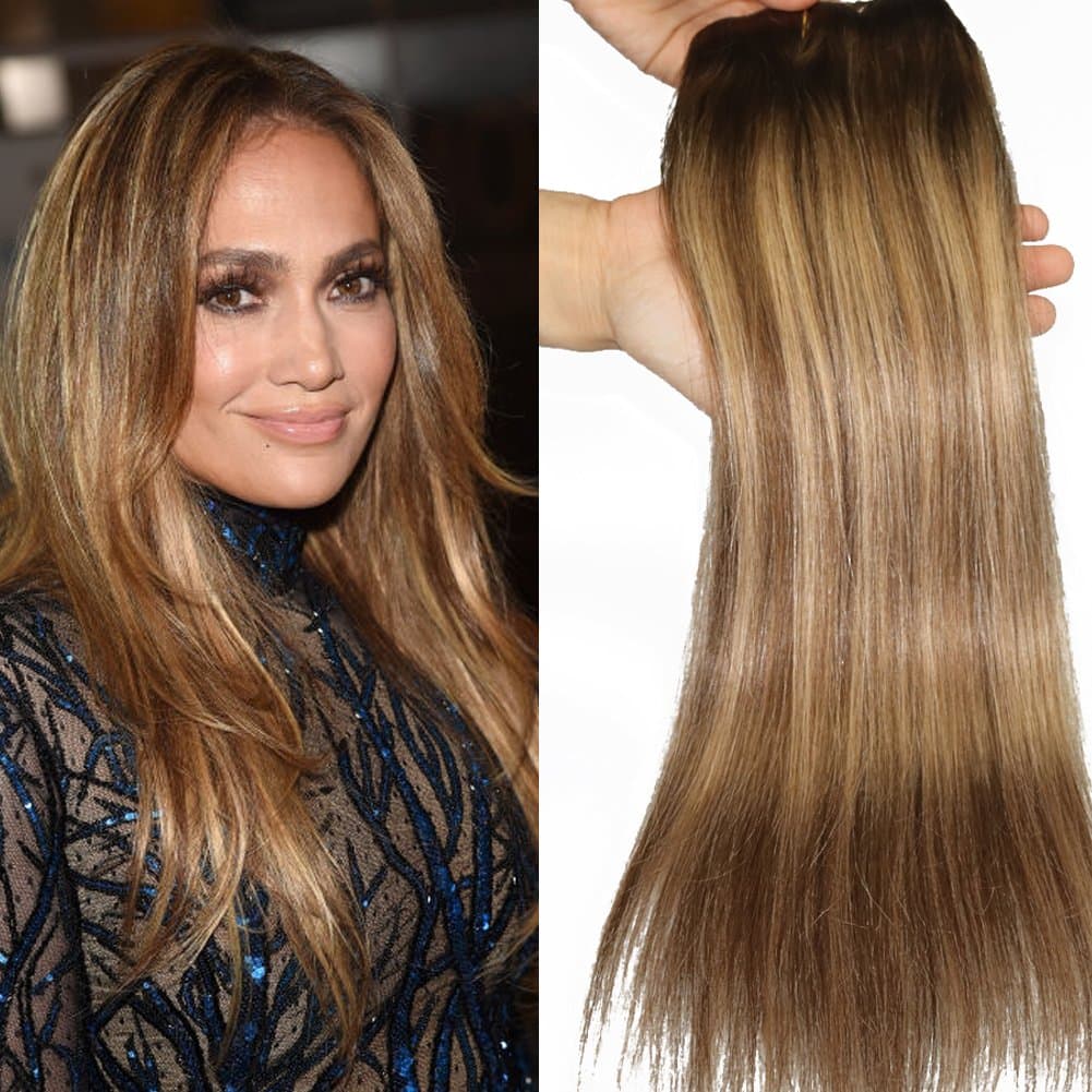 120Gram Virgin Remy Balayage Hair Clip in Extensions Ombre Medium Chestnut Brown to Golden Blonde Highlights Real Human Hair Extensions (16 inch, 4/27)