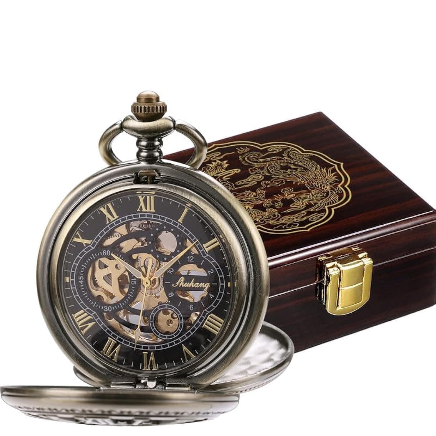 SIBOSUN Pocket Watch Skeleton Mechanical Double Case Hand-Wind Roman Numerals Antique Chain Mens, 10. Bronze & Wooden Box, Vintage