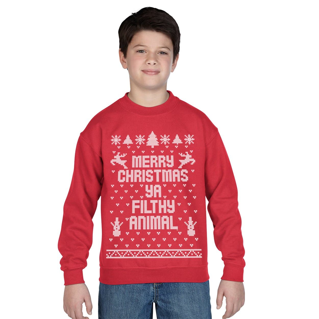 Funny Threads OutletMerry Christmas Ya Filthy Animal Ugly Christmas Sweater Contest Party Xmas Youth Sweatshirt X-Large Red