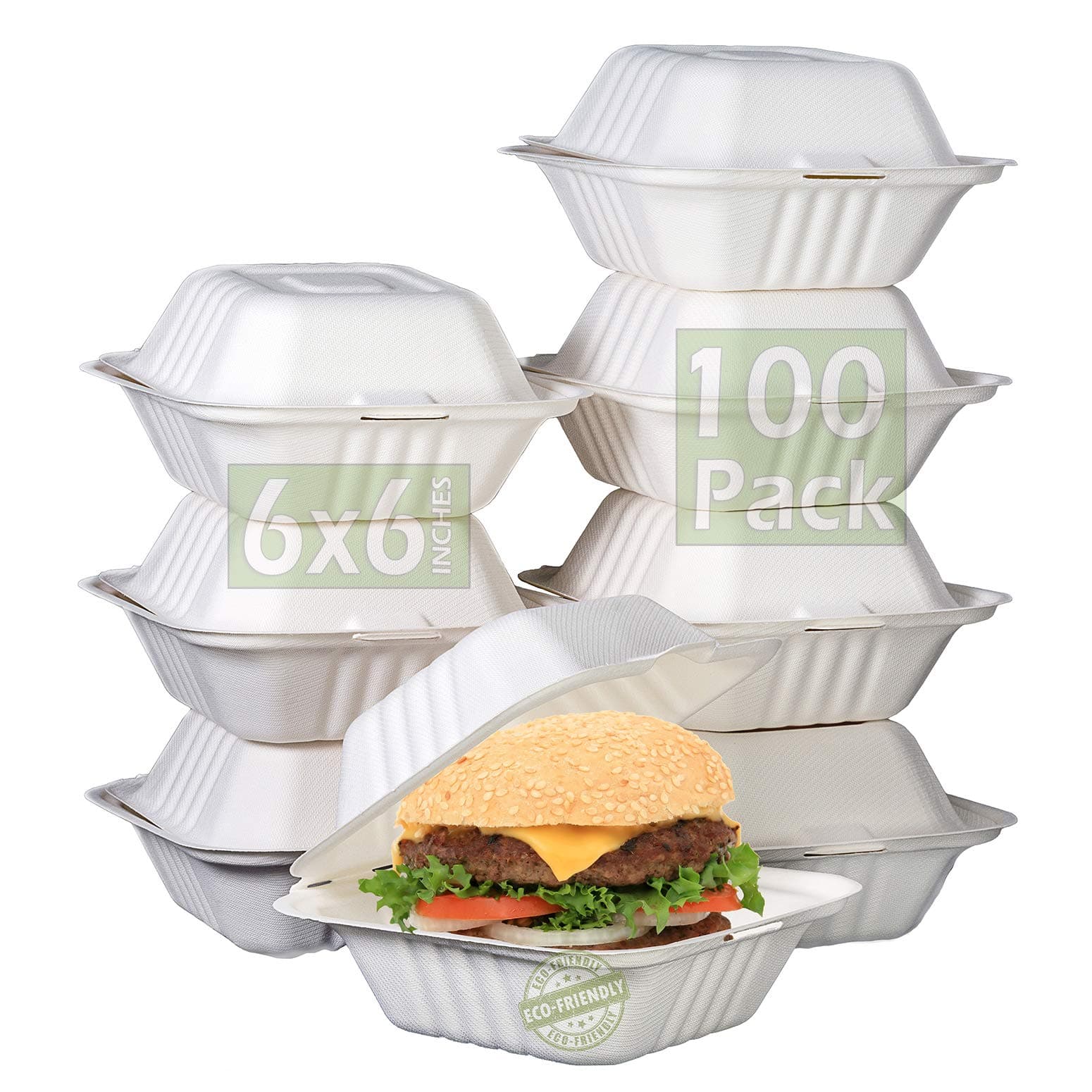 Green Earth 6-Inch, 100-Count, Compostable Clamshell, Natural Bagasse (Sugarcane Fiber), Take-Out/to-Go Food Boxes - Biodegradable Containers, Hinged Lid Microwave-Safe Gluten-Free Eco-Friendly