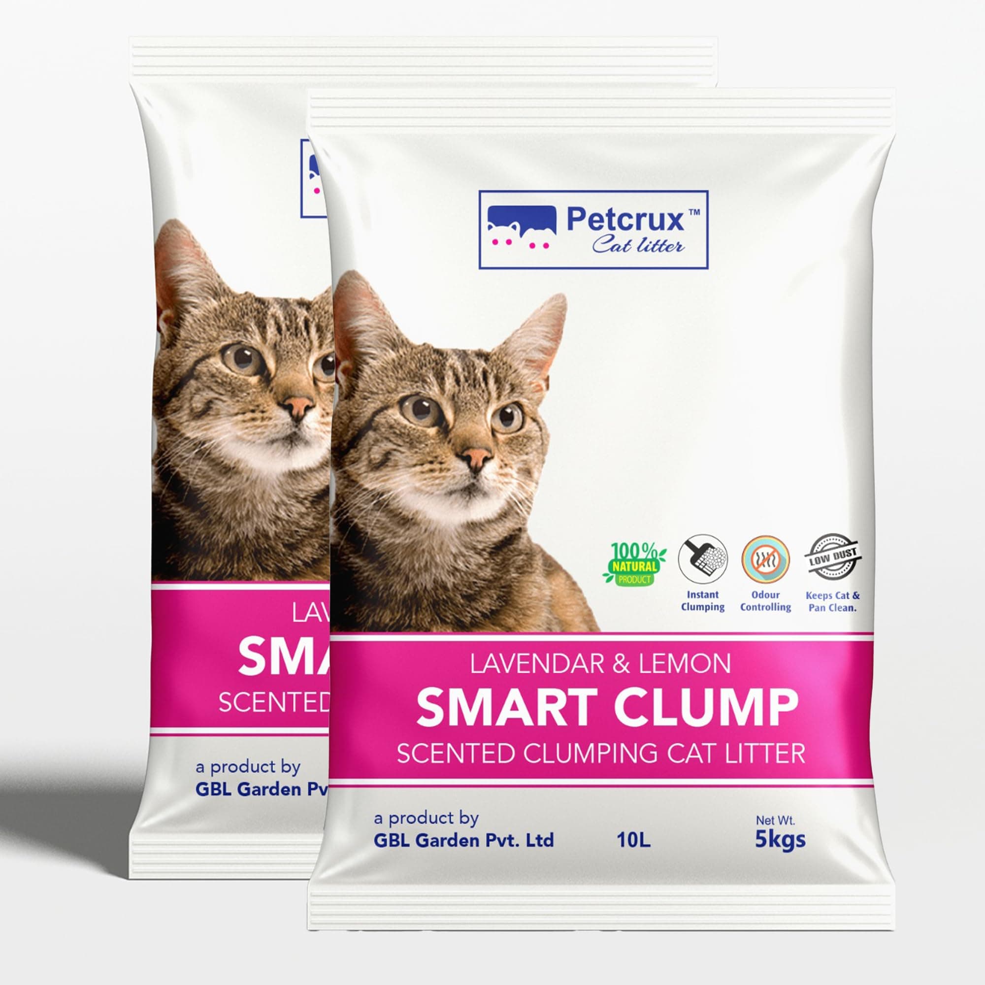 Smart Clump Cat Litter 10kg 100% Natural Bentonite Odour Lock Lavender and Lemon Scented Clay Dust Free Premium Absorbent Eco-Friendly Sand for All Breeds of Cats 2 Packs of 5 Kgs (Combo)