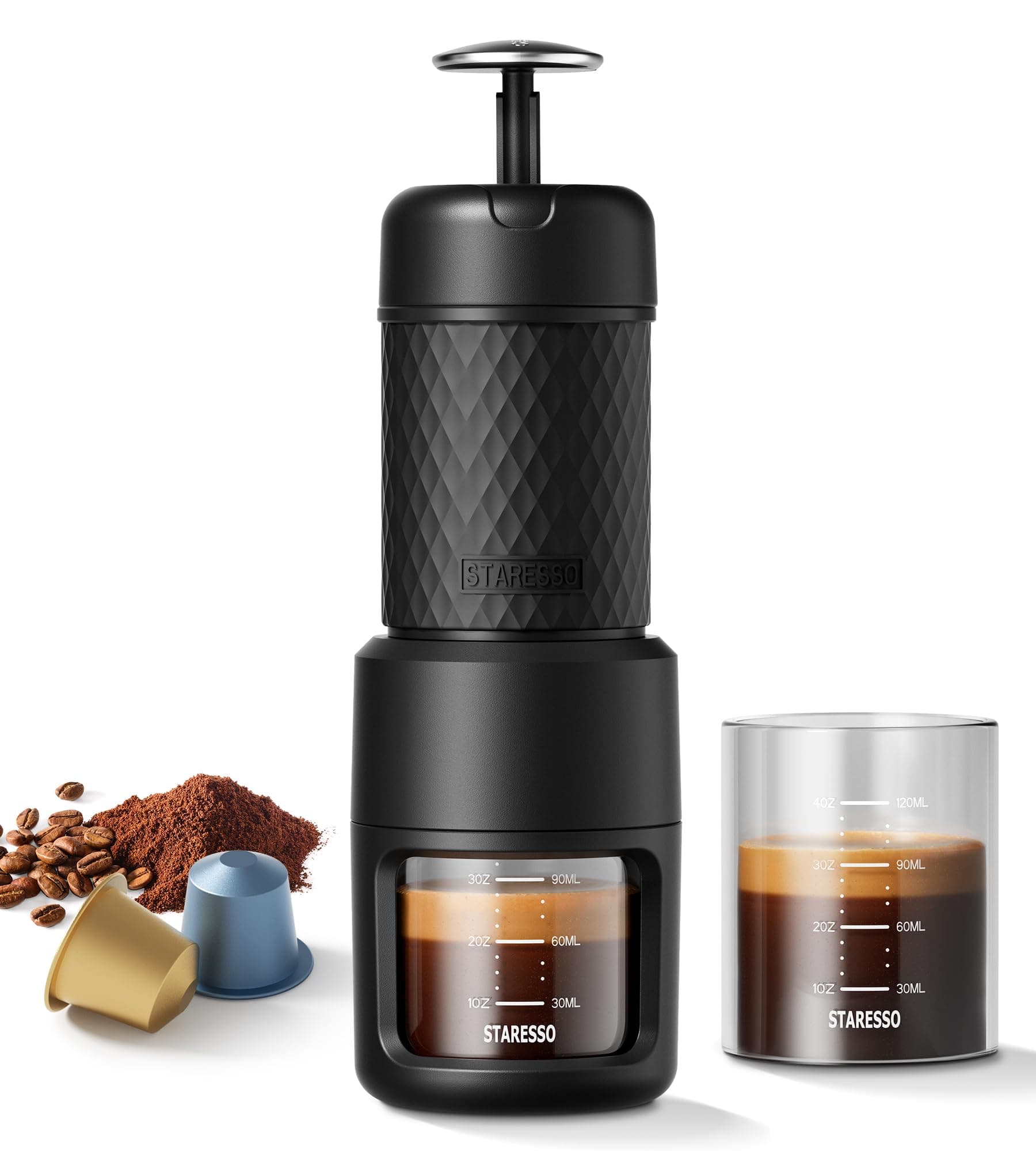 STARESSO Classic Portable Espresso Maker, 2 IN 1 Travel Coffee Maker Compatible Ground Coffee & NS Original Pods, Espresso Machine with Stainless Steel Chamber for Travel Camping, Manually Operated