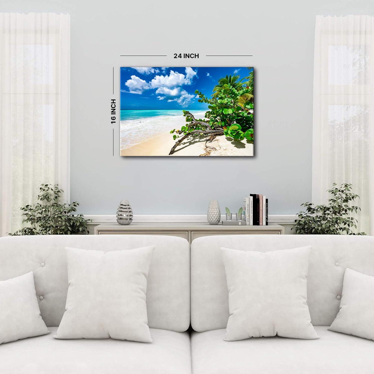 Beach Picture Canvas Wall Art Green Plant Palm Trees Artwork Summer Coastal Landscape Wall Decor for Bathroom Tropical Ocean Photo Prints Nature Seascape Framed Posters Bedroom Home Decorations 16x24”