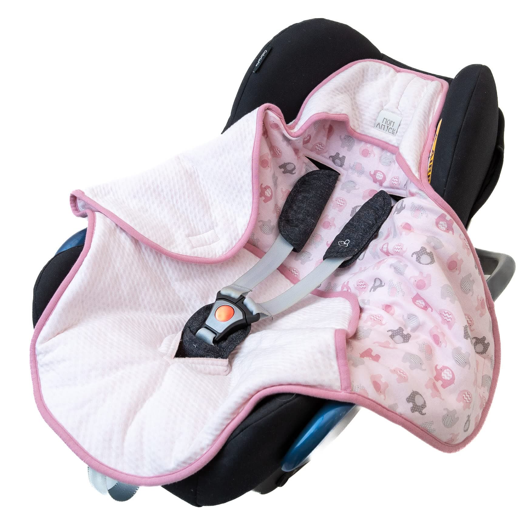 MON AMIE Amelia Baby Blanket Wrap Warmer | Multifunctional Insert for Car Seat, Carrier, Buggy | 2-Sided, 100% Cotton + 100% Polyester Filling | White with Elephants Print, 85 x 76 cm