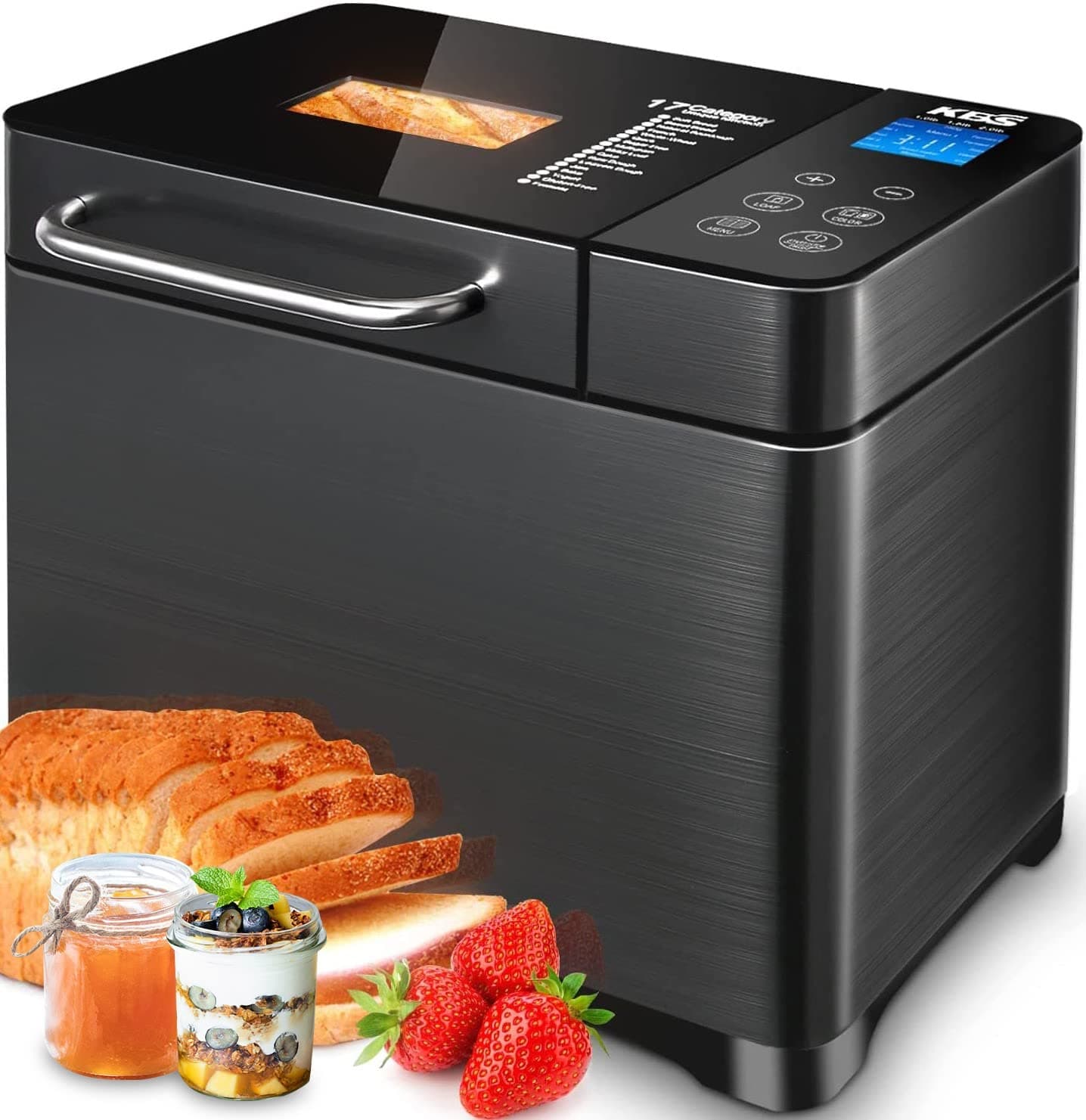 KBS Bread Maker-710W Dual Heaters, 17-in-1 Bread Machine Stainless Steel with Auto Nut Dispenser&Ceramic Pan, Gluten-Free, Dough Maker,Jam,Yogurt PROG, Touch Panel, 3 Loaf Sizes 3 Crust Colors,Recipes