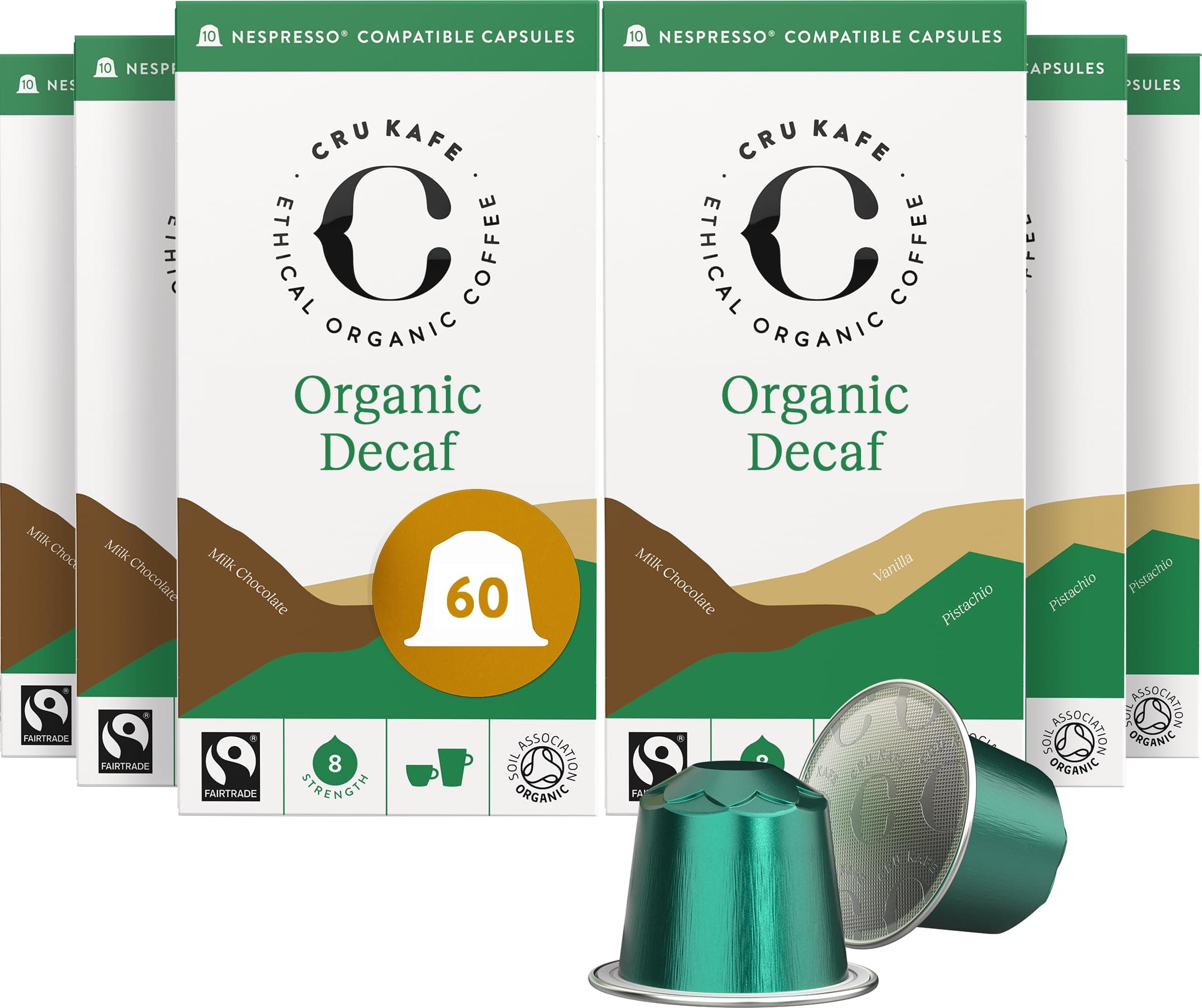 CRU Kafe Organic Nespresso Compatible Coffee Capsules, Single Origin Decaf (6 Boxes, Total 60 Pods)