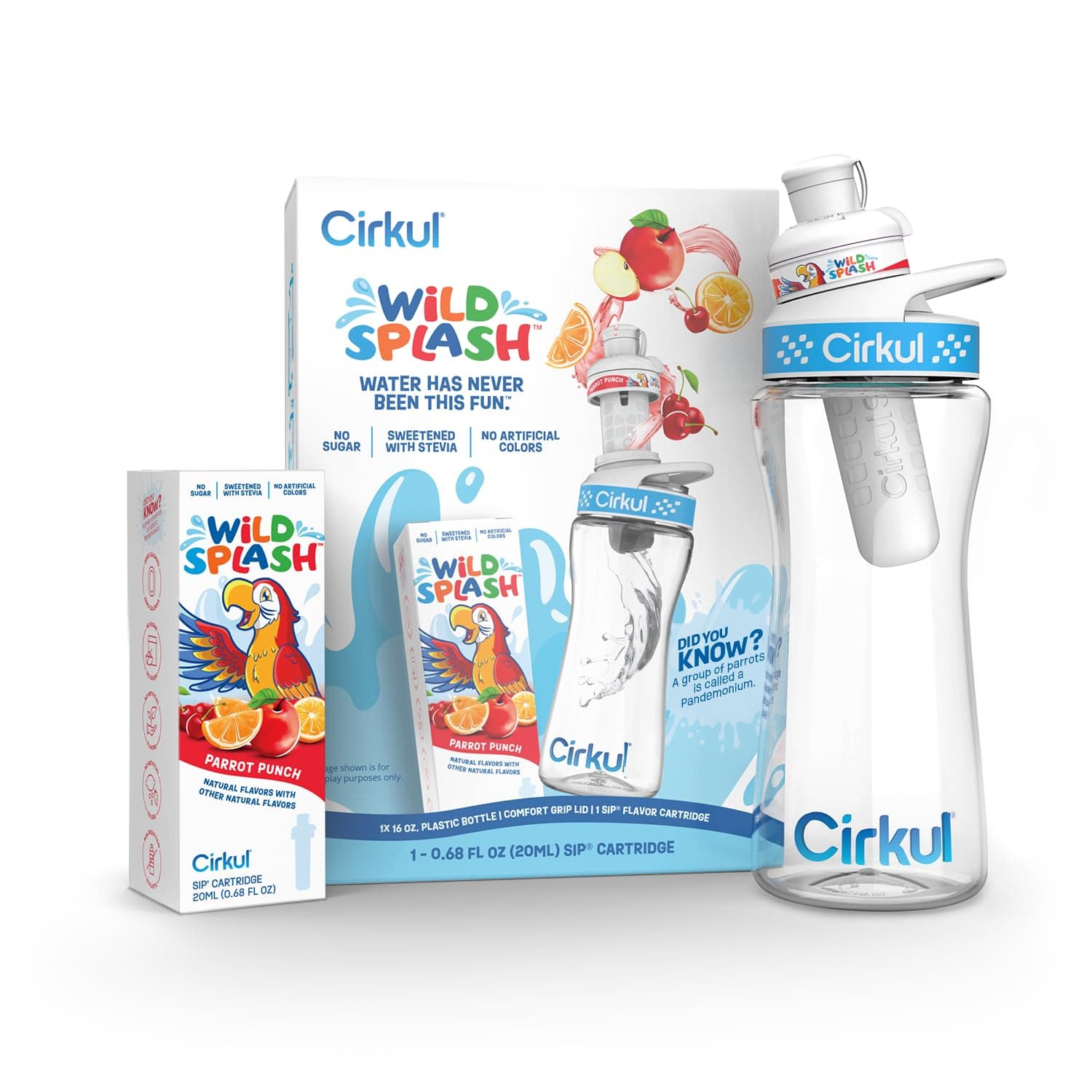 Cirkul 16oz BPA-Free Plastic Water Bottle Starter Kit with Blue Lid, 1 Flavor Cartridge (Wild Splash Parrot Punch)