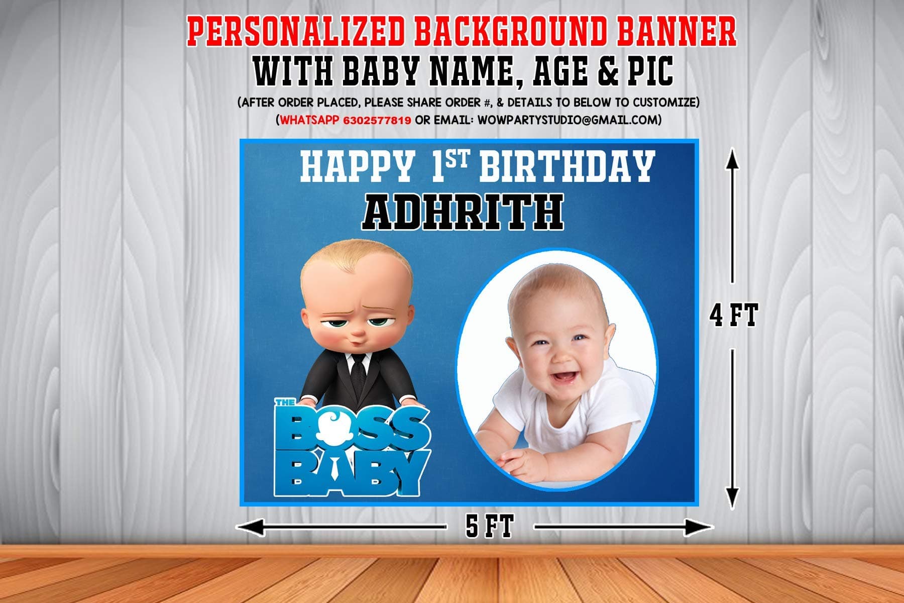 WoW Party Studio Personalized Boss Baby Theme Party Happy Birthday Decorations Background/Backdrop Banner with Birthday Boy/Girl Name, Age & Image (4ft x 5ft) - Blue
