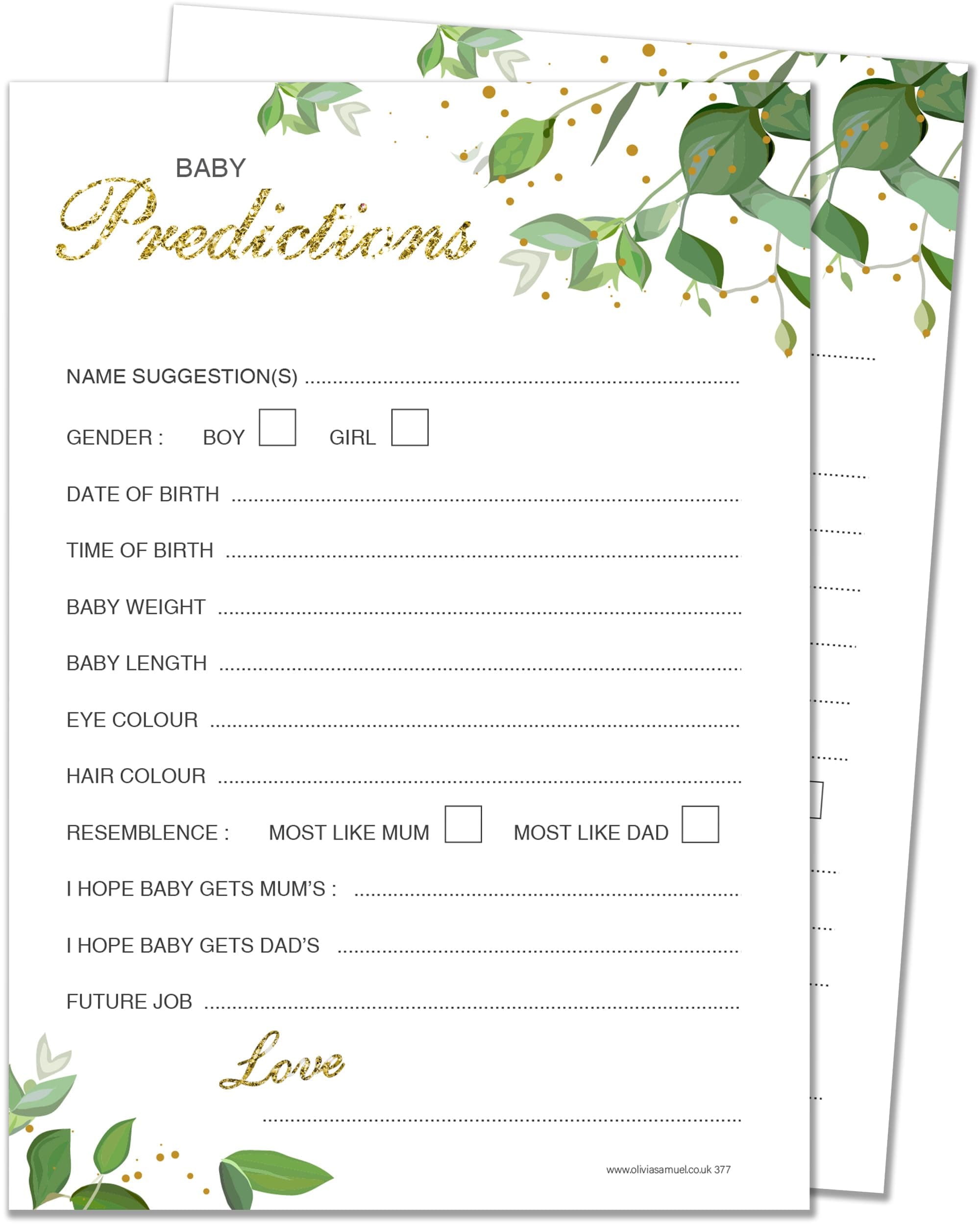 20 x Baby Prediction Cards from Olivia Samuel - Baby Shower Game - Botanicals Design