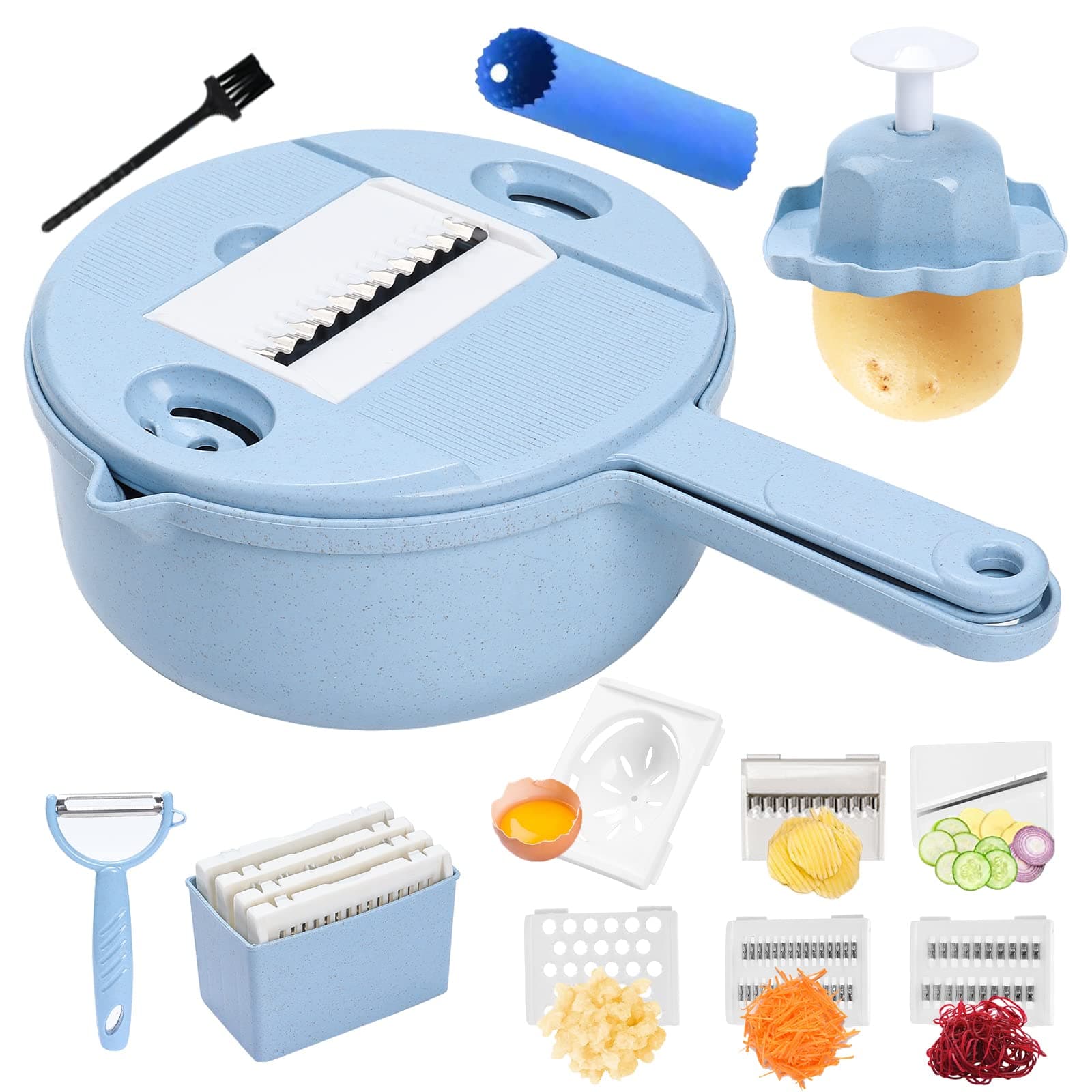 Vegetable Chopper, 14 in 1 Multifunction food chopper, Multifunction vegetable cutter/slicer,With Container Veggie Chopper Garlic Peeler Skin Remover W/Cleaning brush, Blue