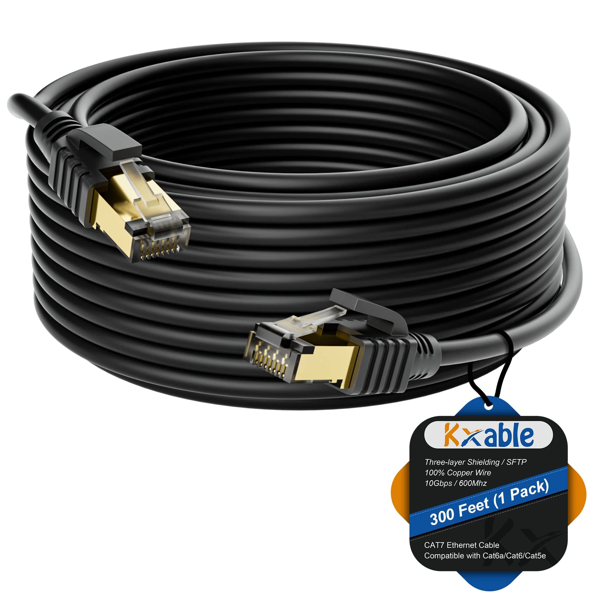 Cat 7 Ethernet Cable 300 Feet, Long High Speed Internet Cord, CAT7 RJ45 LAN Network Cable, Triple Shielding SFTP 10Gbps 600Mhz Patch Cable, Compatible with CAT6A CAT6 CAT5E CAT5 Cable