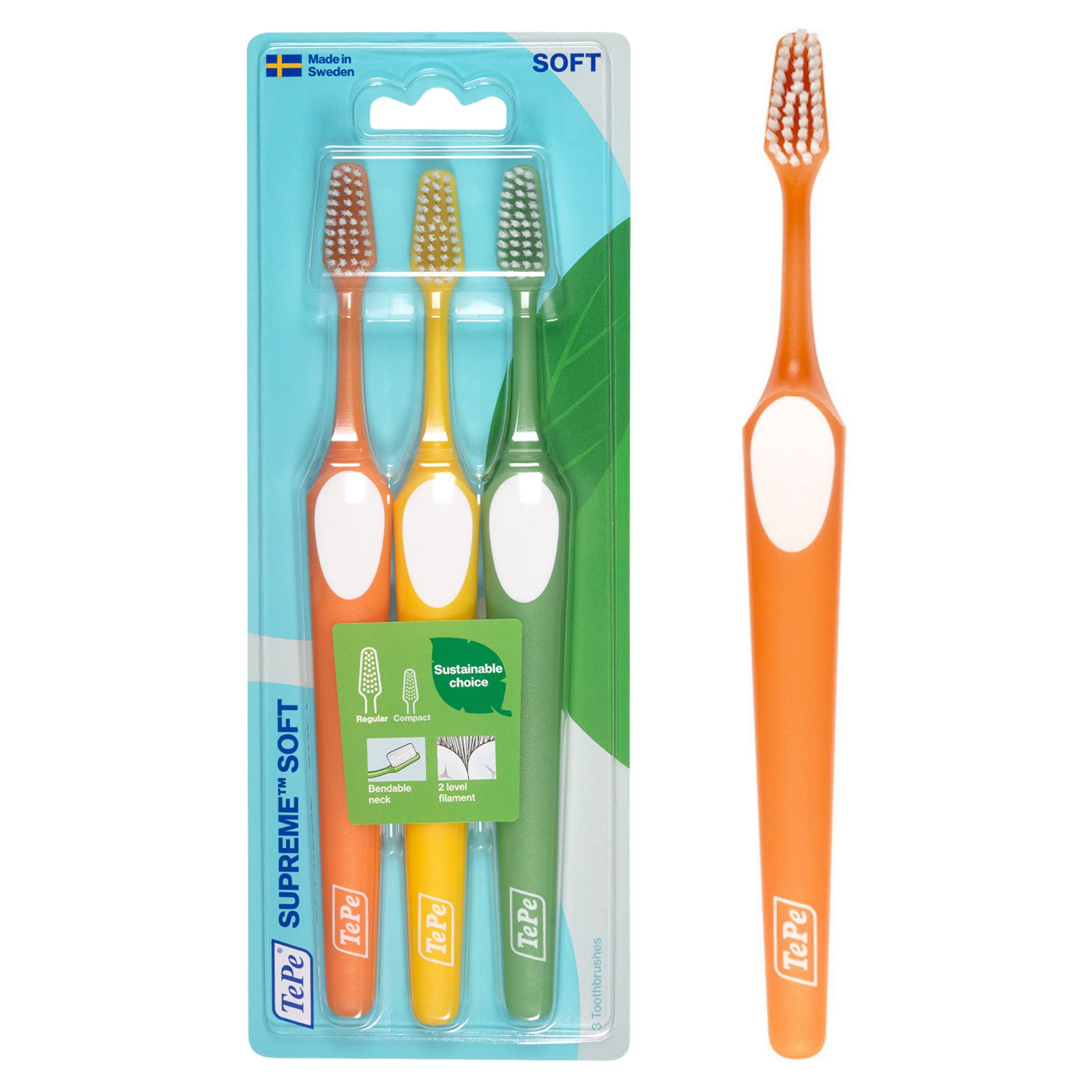 Supreme Toothbrush, Soft Bristle Toothbrush, Tapered Brush Head for Sensitive Teeth and Gum Care, Adult, 3 Pack