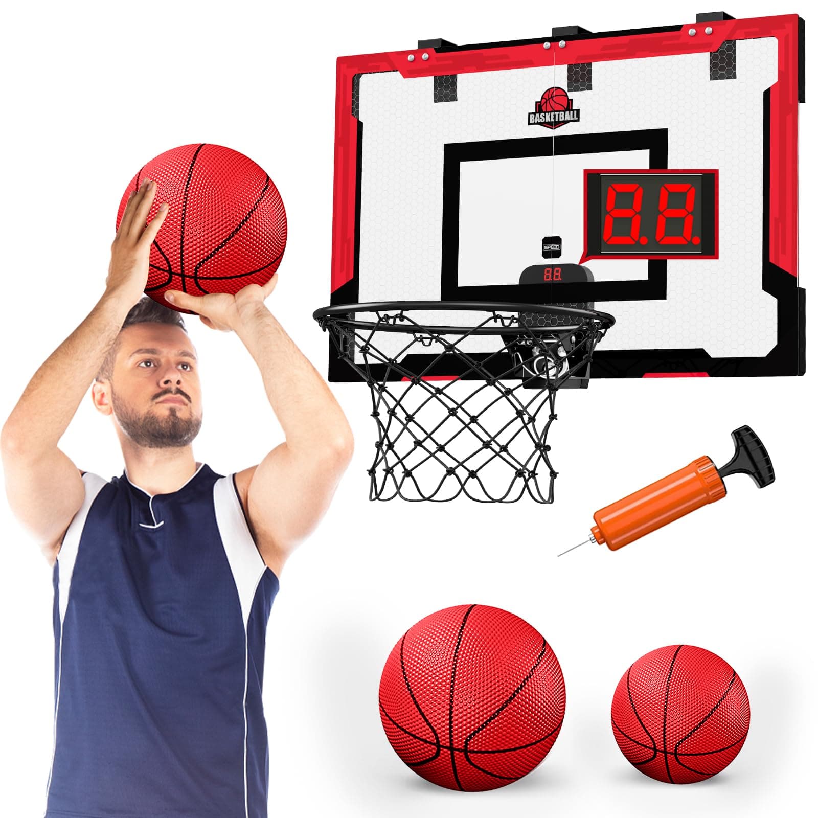 24" x 16" Large Basketball Hoop Indoor for Adults, Over The Door Basketball Hoop with Sturdy Backboard/Electronic Scoreboard, Basketball Toys Gifts Ideas for Man Kids Teens Boys Girls, Red