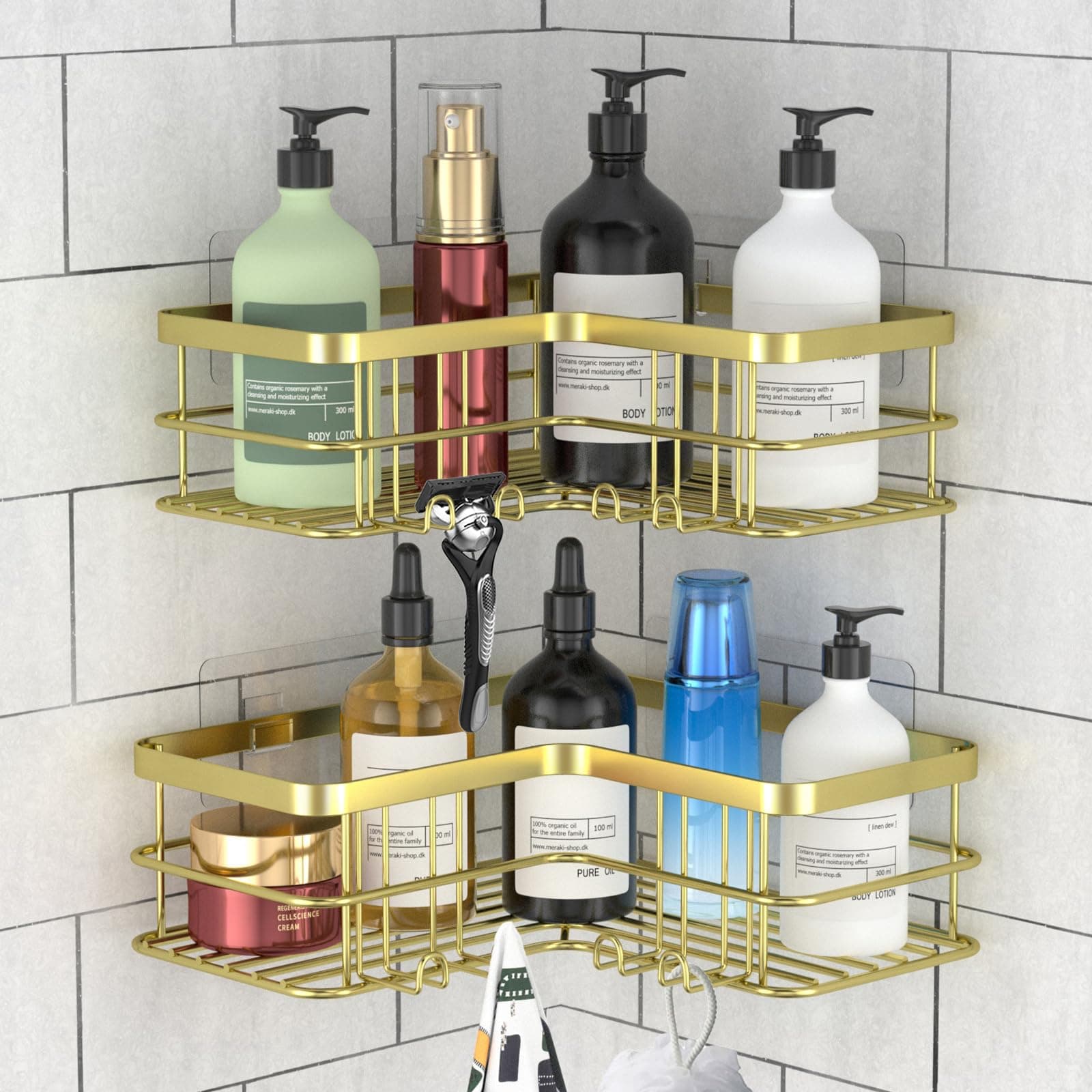 Yazoni Corner Shower Caddy 2-Pack, No Drilling Shower Organizer Corner Shelf for Bathroom Tub, Stainless Steel Bathroom Shelf for Kitchen (Gold)
