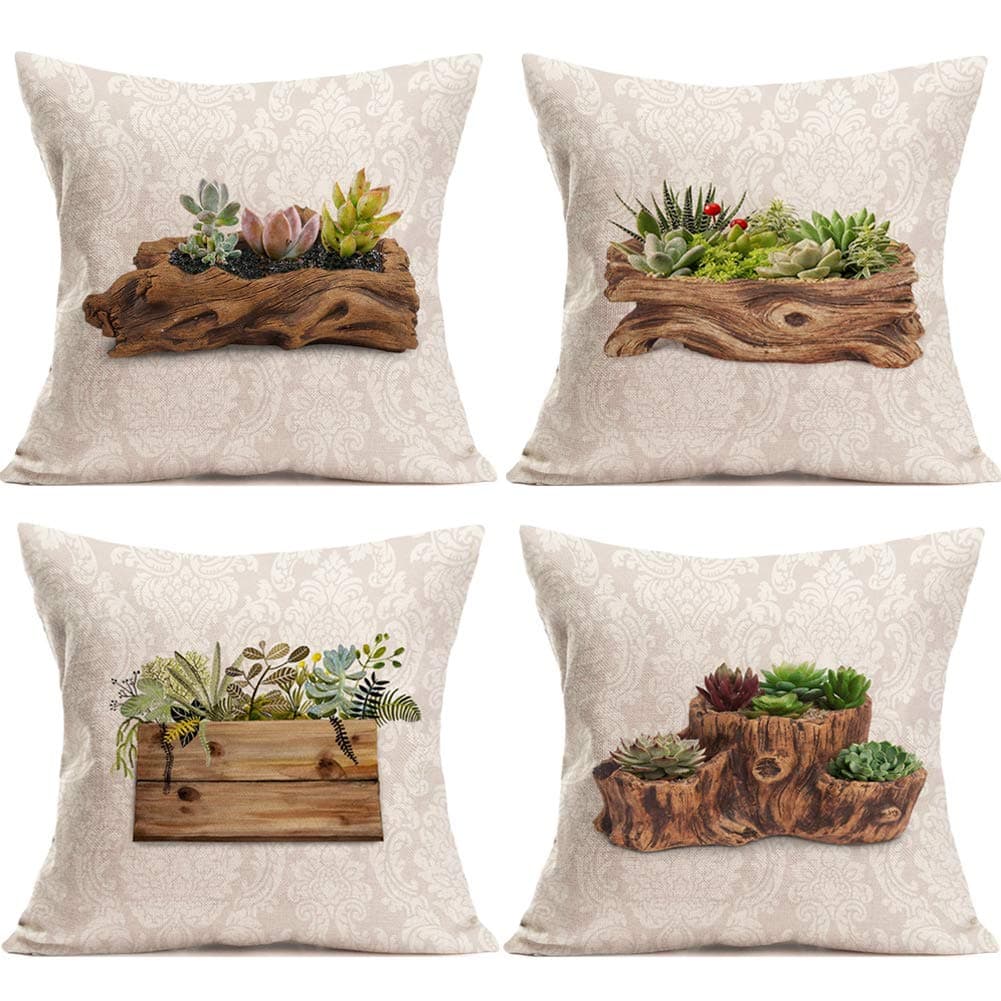 Asminifor 4Pack Tropical Succulent Cactus Pillow Covers Summer Green Leaves Potted Plants Rustic Farmhouse Decorative Cotton Linen Throw Pillow Case Home Decor Cushion Cover 18”x18” (PG-Succulent)