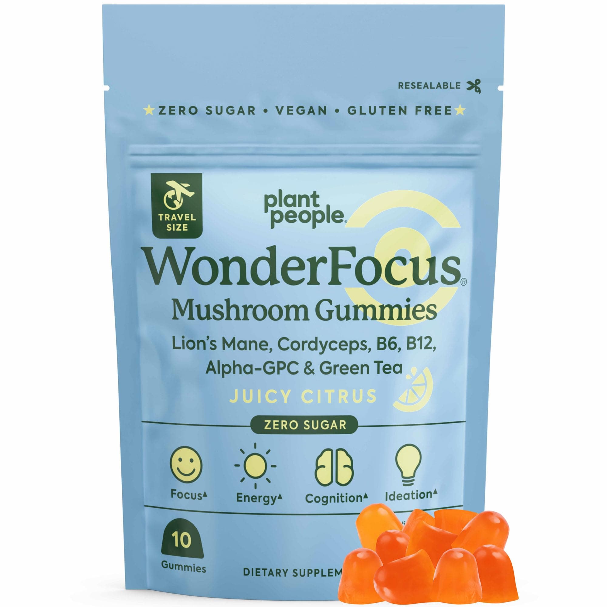 Plant People WonderFocus Mushroom Gummies Mini with Lion’s Mane & Cordyceps Nootropic Brain Supplement Boosts Memory Focus Energy & Mood in Adults No Sugar 100% Vegan Citrus Flavor Trial Size