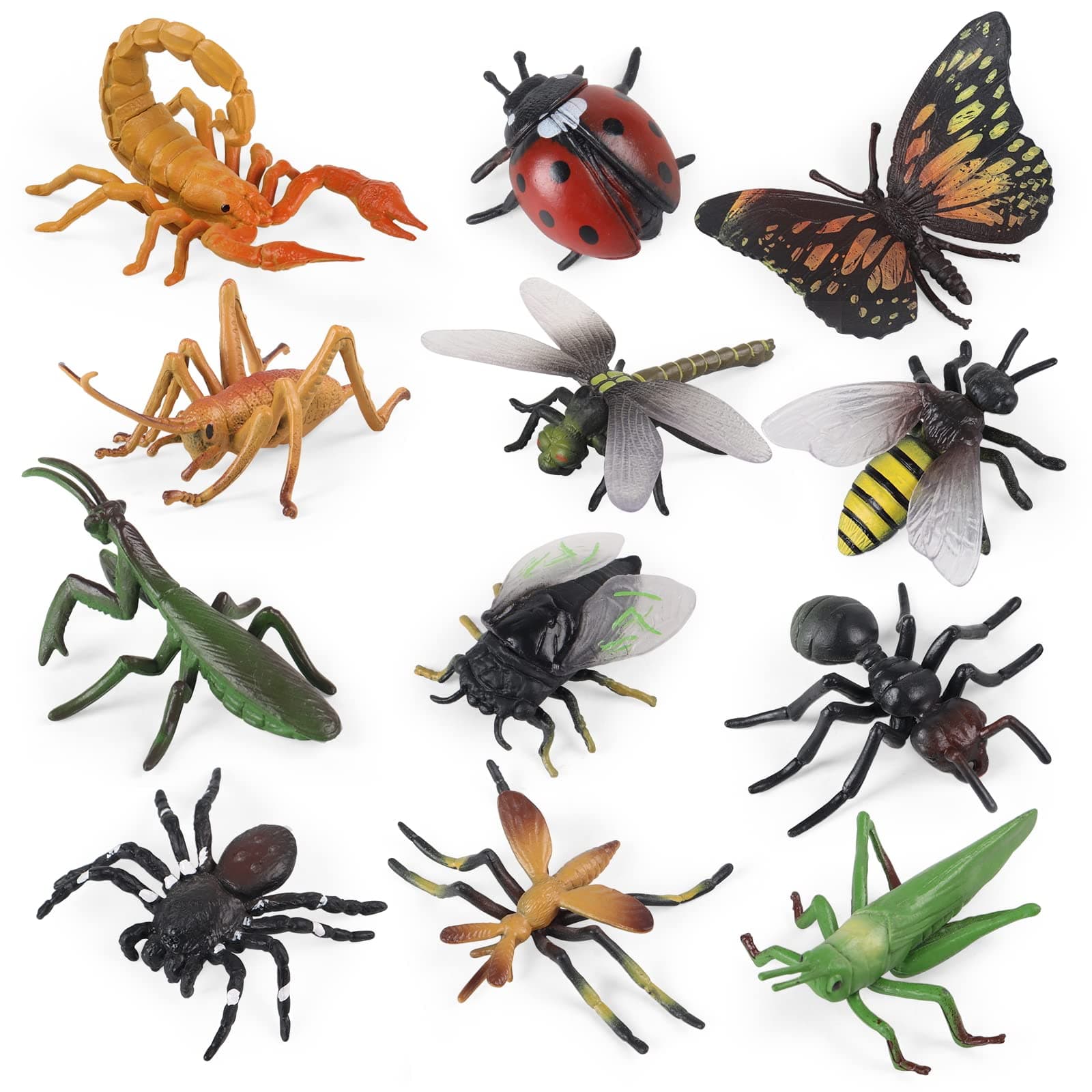 SIENON Realistic Insect Toy Figures-12Pcs Large Plastic Bug Figurines with Ladybug Bee Butterfly Cricket Mantis Scorpion Spider-School Project Halloween Insect Theme Birthday Party Favors