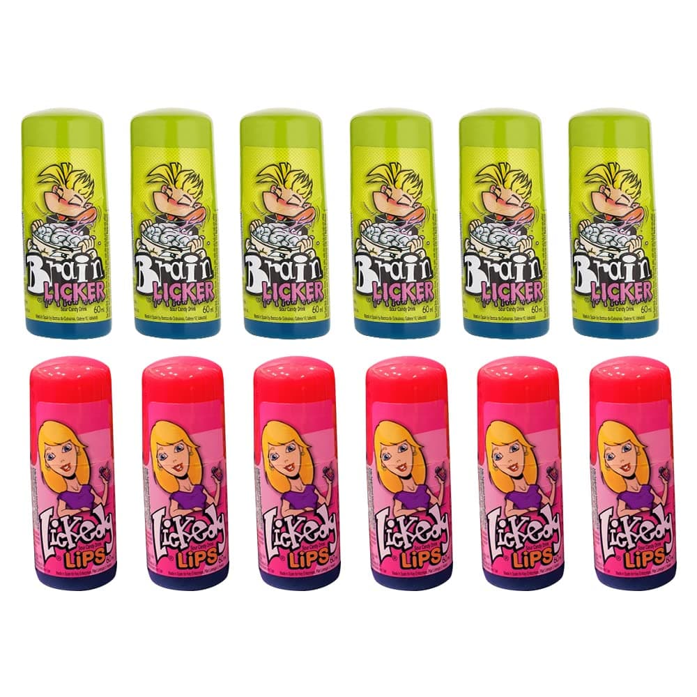 VR Angel 6 x Blue Raspberry Brain Licker & 6 x Sour Candy Lickedy Lips Retro Slushy Sweets Liquid Candy Roller Bottle (Each Bottle 60ml)