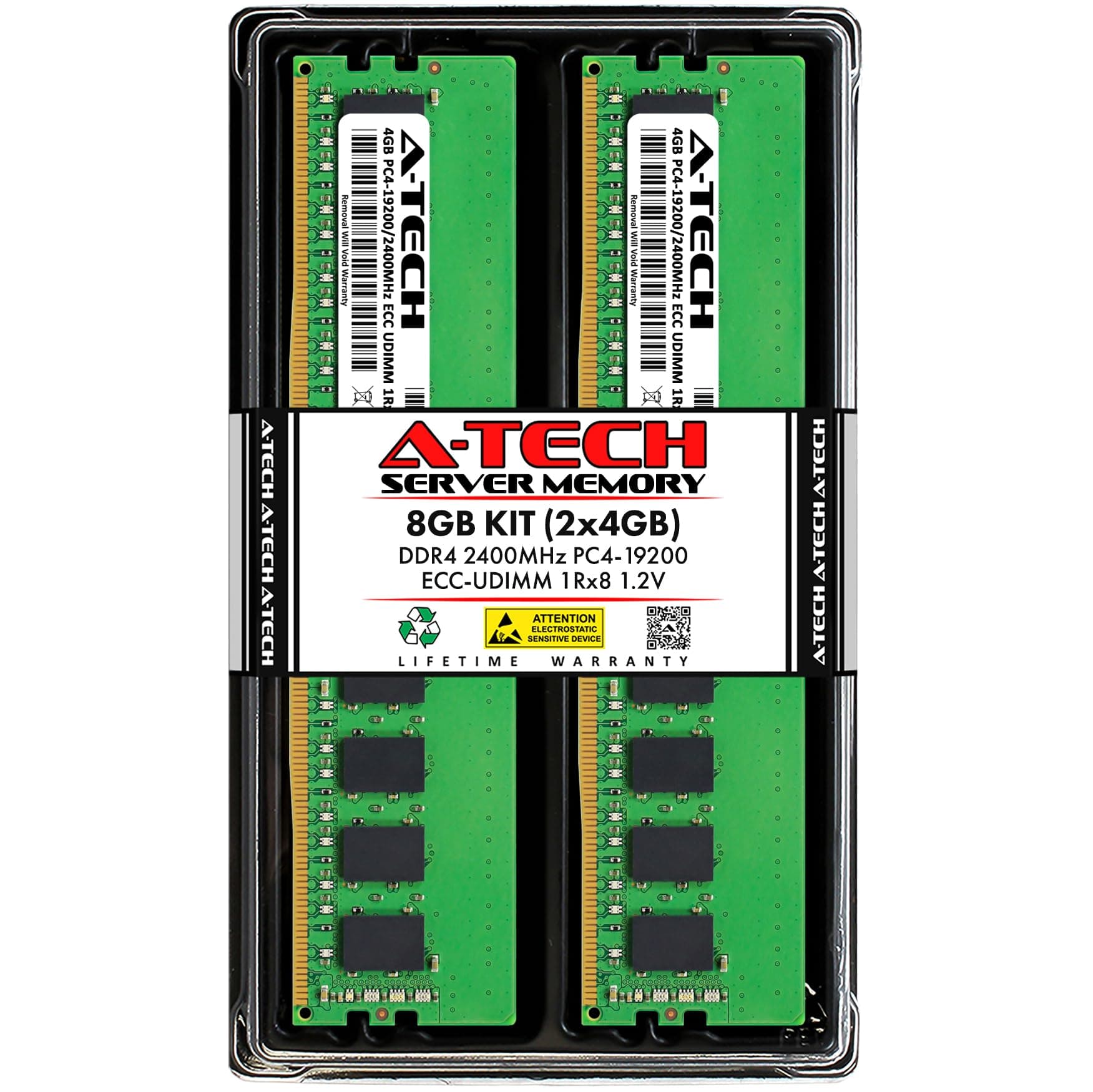 A-Tech Server 8GB Kit (2x4GB) DDR4 2400MHz PC4-19200 ECC UDIMM 1Rx8 Single Rank 1.2V ECC Unbuffered DIMM 288-Pin Server & Workstation RAM Memory Upgrade Modules (A-Tech Enterprise Series)