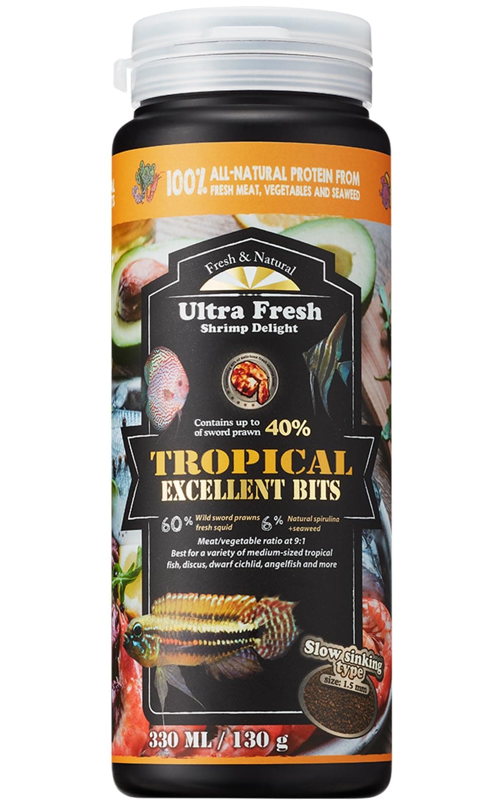 Ultra Fresh Tropical Fish Food, Wild Sword Prawn, Natural Color Enhancement, Slow Sinking Pellet for Discus, Angelfish, Cichlids and Medium Size Fish, Tropical Chunks