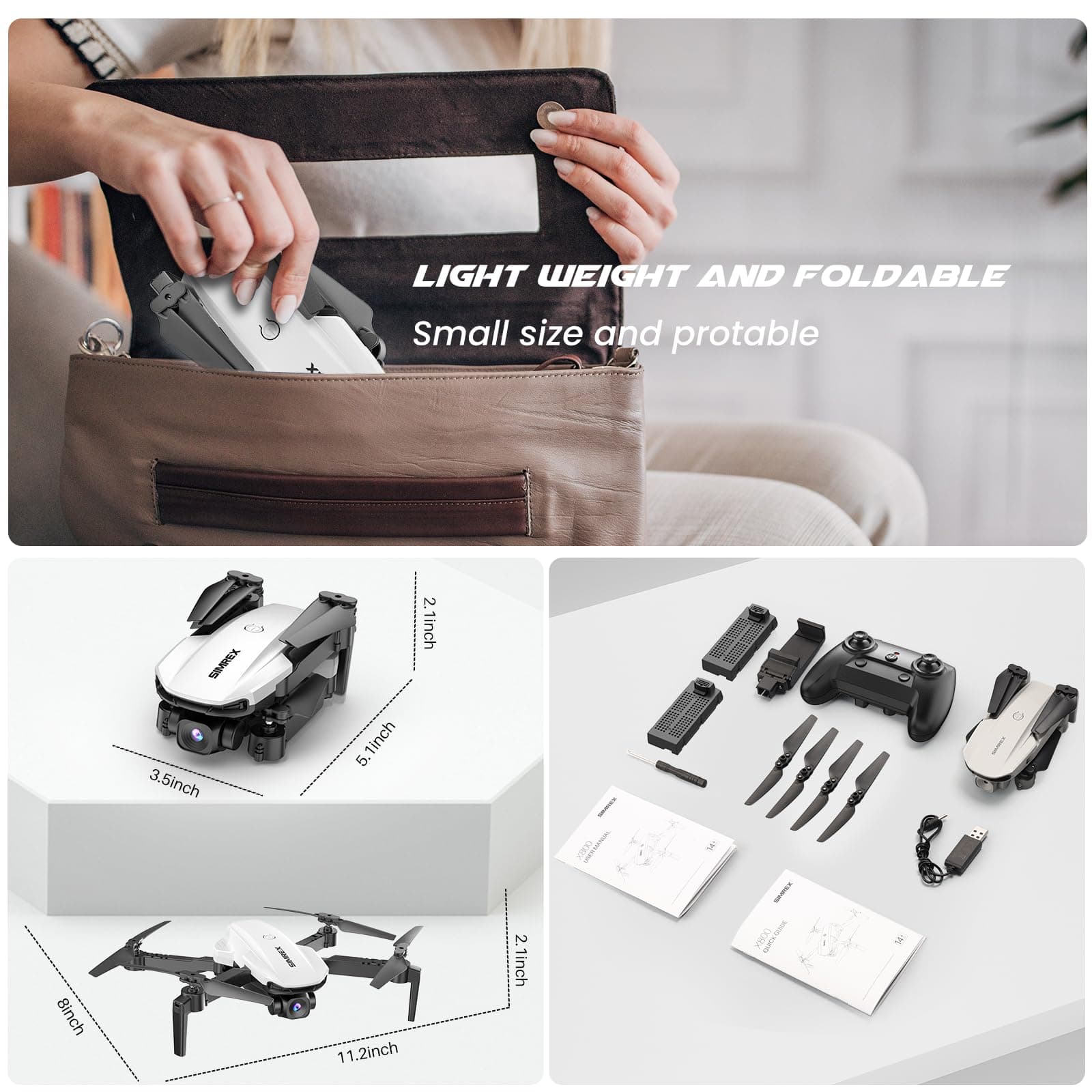 SIMREX 1080P Camera Drone, Altitude Hold Quadcopter, One-Key Boot Drone, Waypoint Flight, 3D Flip, 3 Speed, Remote Control Drone for Kids and Adults, White