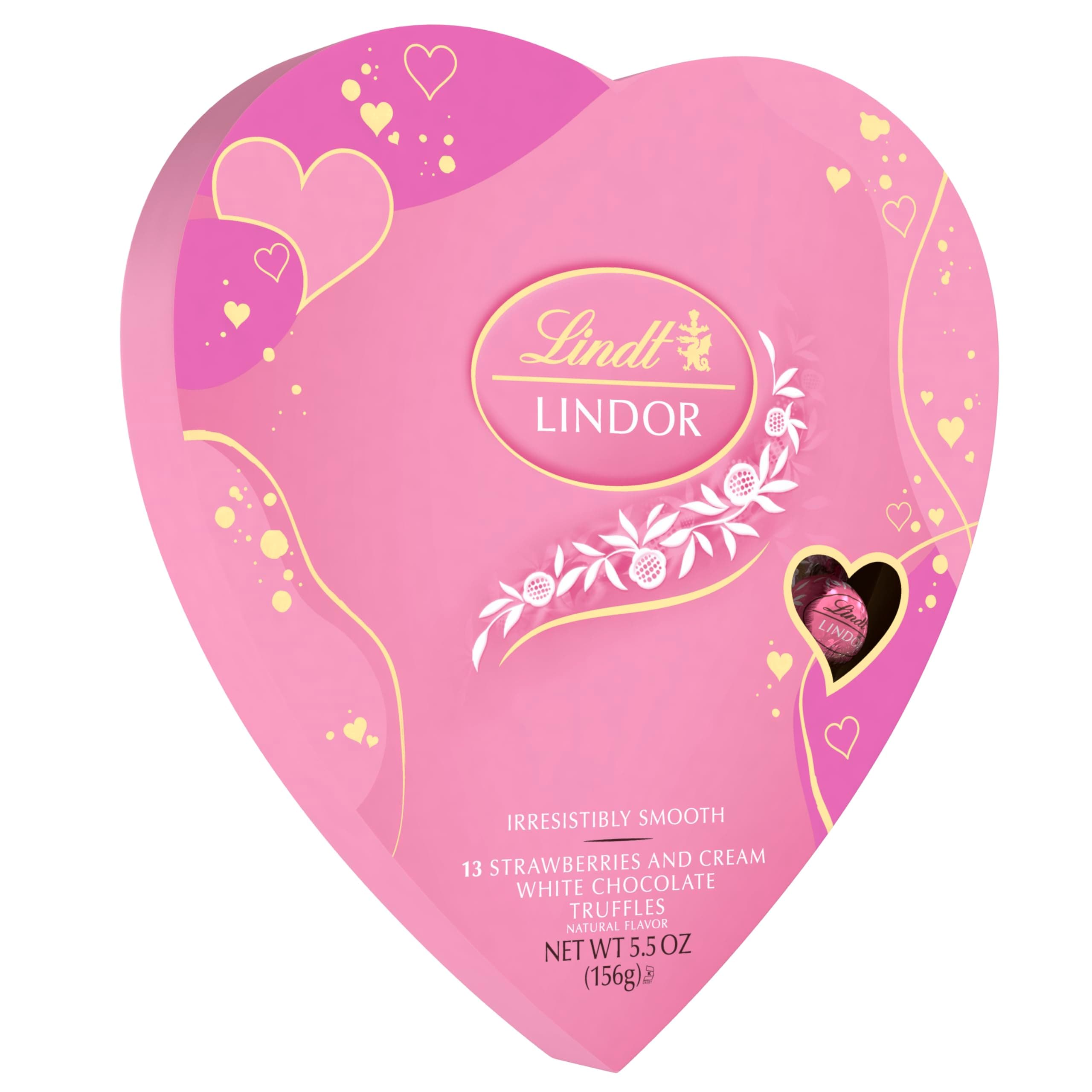 LINDOR Valentine's Strawberries and Cream White Chocolate Candy Truffles Heart, White Chocolate Candy with Strawberries and Cream White Truffle Filling, 5.5 oz.