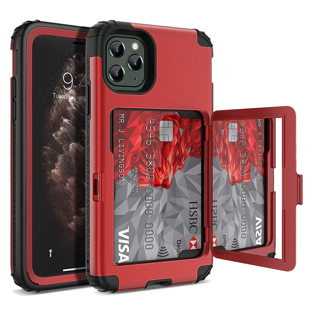 WeLoveCase iPhone 11 Pro Max Wallet Case for Women, Defender Wallet Card Holder Cover with Hidden Mirror Three Layer Shockproof Heavy Duty Protection Protective Case for iPhone 11 Pro Max Red