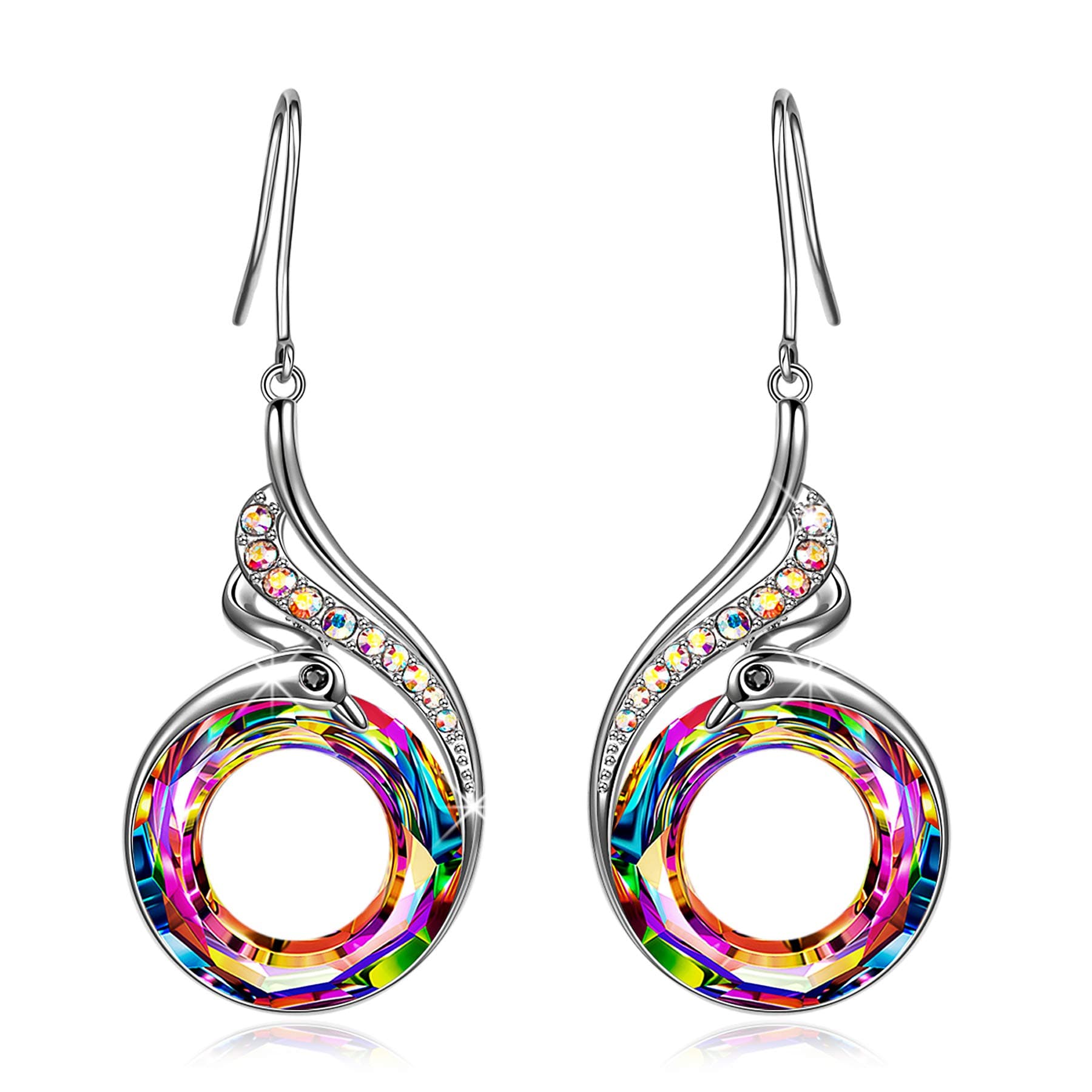 "Rise From the Ashes" Phoenix Earrings, Sterling Silver Dangle Earrings with Crystals from Austria, Birthday Gift with Jewelry Box, Symbol of Luck and Renewal