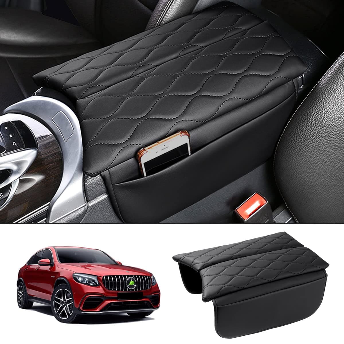 Karltys Compatible with Center Console Cover Mercedes Benz GLC Class 2016-2022 EQC 2019-2023 Accessories Armrest Cover Pad Leather Cushion Protector with Phone Holder Storage Pockets Black