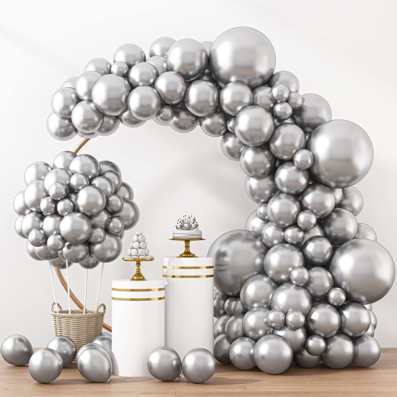 RUBFAC Silver Balloons 129pcs Different Sizes 18 12 10 5 Inches Metallic Balloon Garland Arch Kit Disco Ball for Birthday Party Graduation Wedding Holiday Decoration