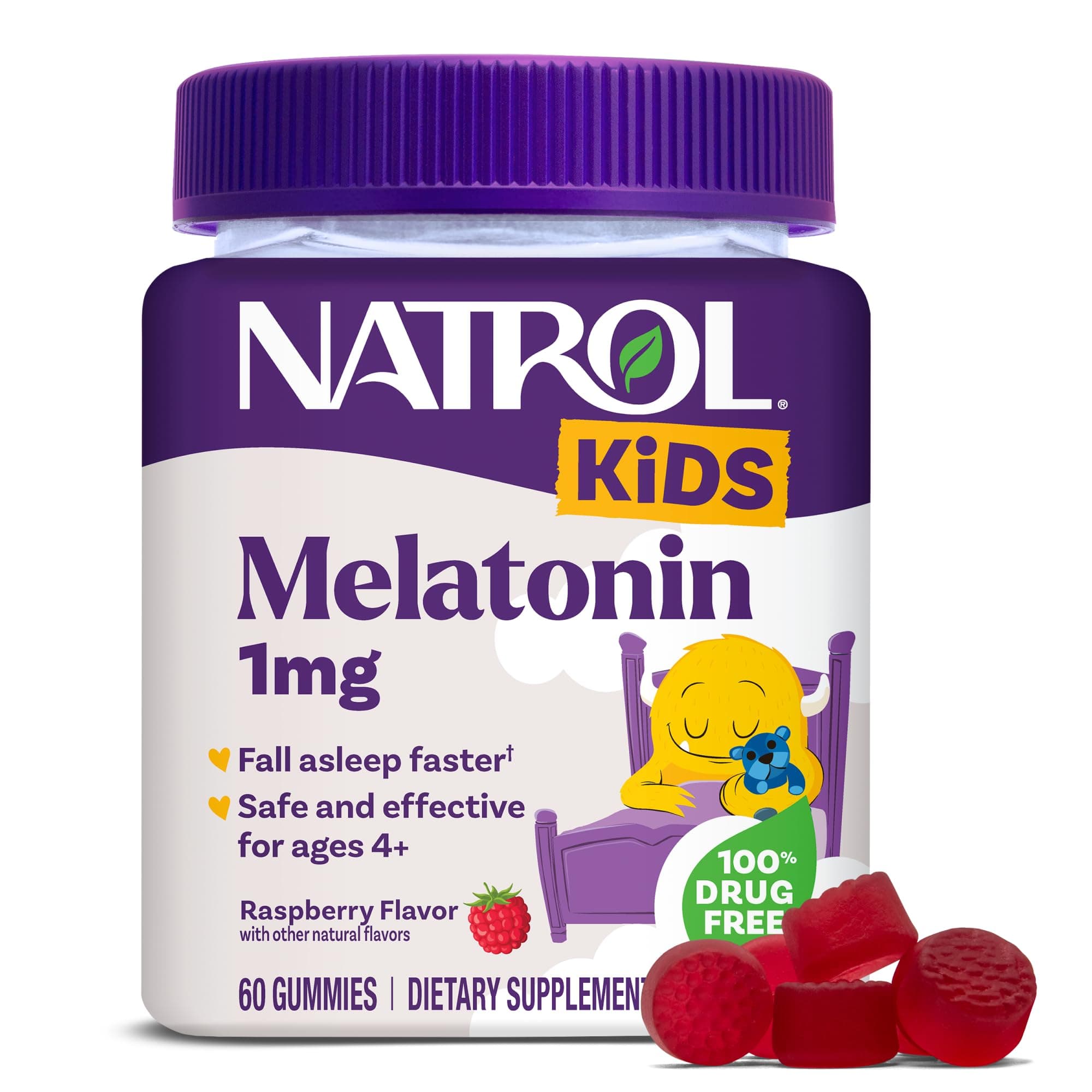 Natrol Kids Melatonin Gummies 1mg, Children's Melatonin for Restful Sleep, 60 Raspberry-Flavored Sleep Gummies, 60 Day Supply