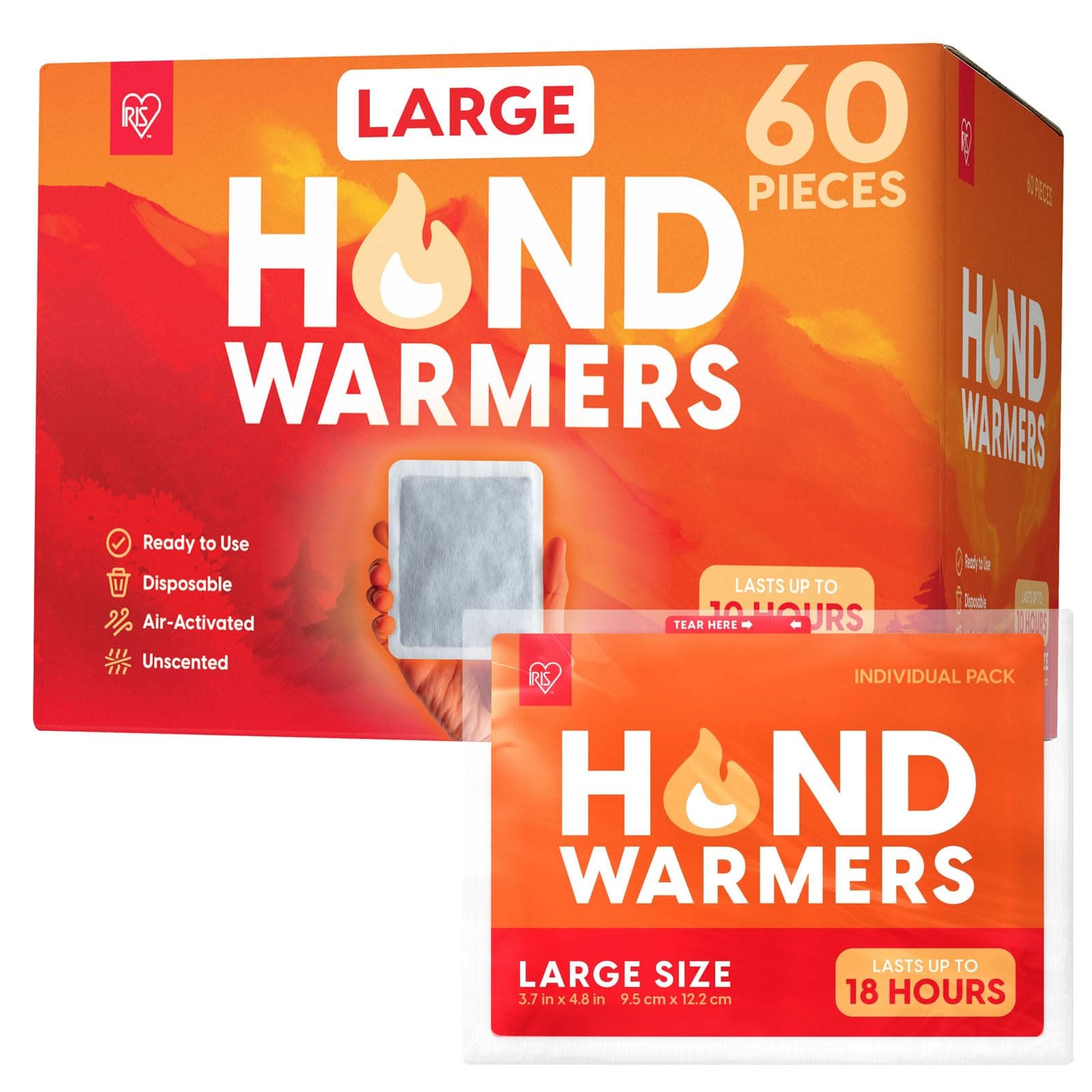 IRIS USA Hand Warmers, Regular/Large/Jumbo, 30/60 Individual Warmers, Regular/Adhesive Body Warmers Up to 10/12/18 Hours Disposable Handwarmer Bulk for Hot Hands Feet Chest Back, TSA-Approved, Camping