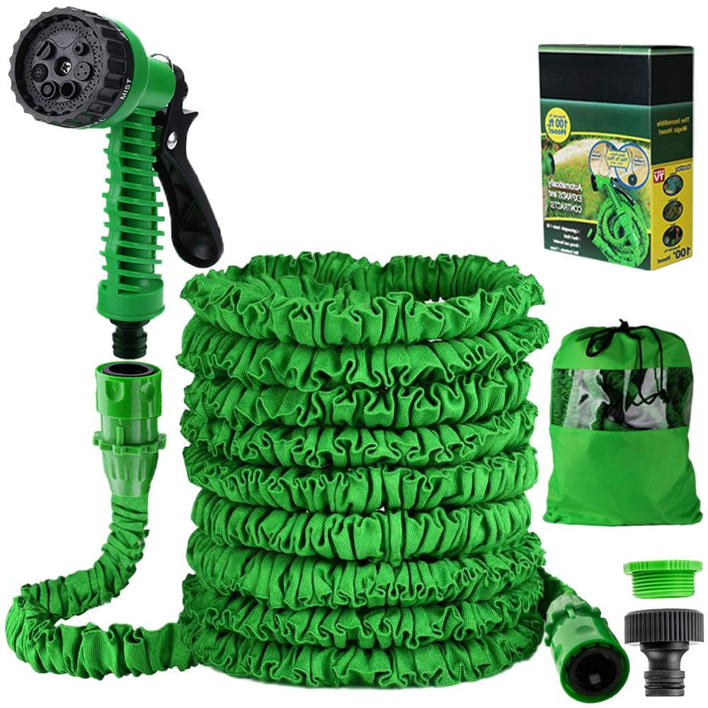 Expandable Garden Water Hose Pipe- Liwiner 100FT 3 Times Expanding Flexible Magic Lightweight Hose Pipes Reel With 7 Prayer Gun For Washing Car/ Watering Flower/s Vegetables/ Cleaning Windows/ Floor (Green)