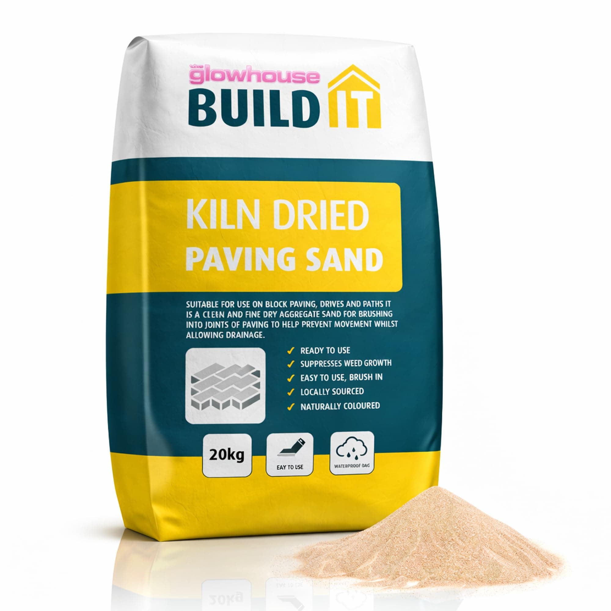 The Glowhouse Kiln Dried Sand Brushing in Joint Gap Filling Paving Block Slabs Patio and Drives Fine Dry Aggregate Silica Sand Bag 20kg - Made in the UK