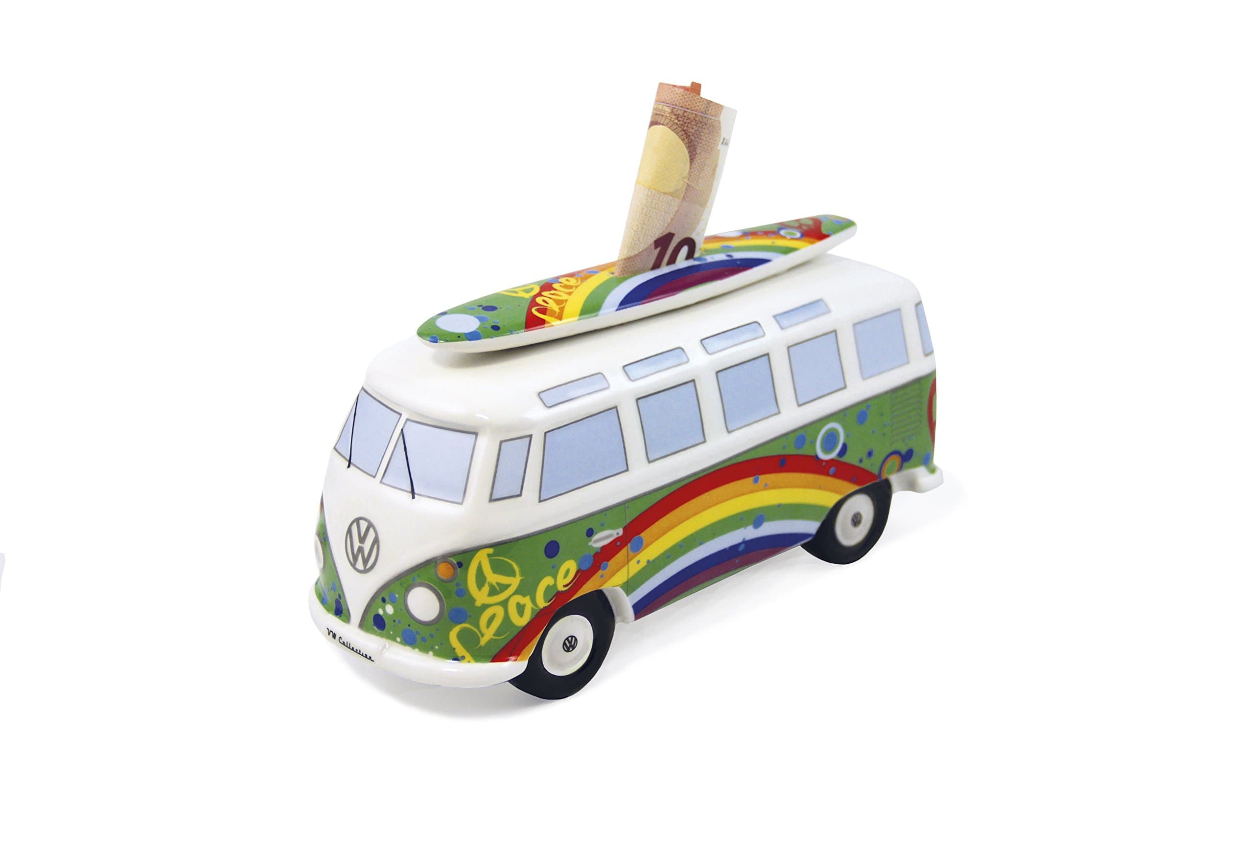 VW Collection - Volkswagen Savings Bank Piggy Bank Money Coin Box with Surfboard in T1 Bus Samba Design (Love Bus/Green)