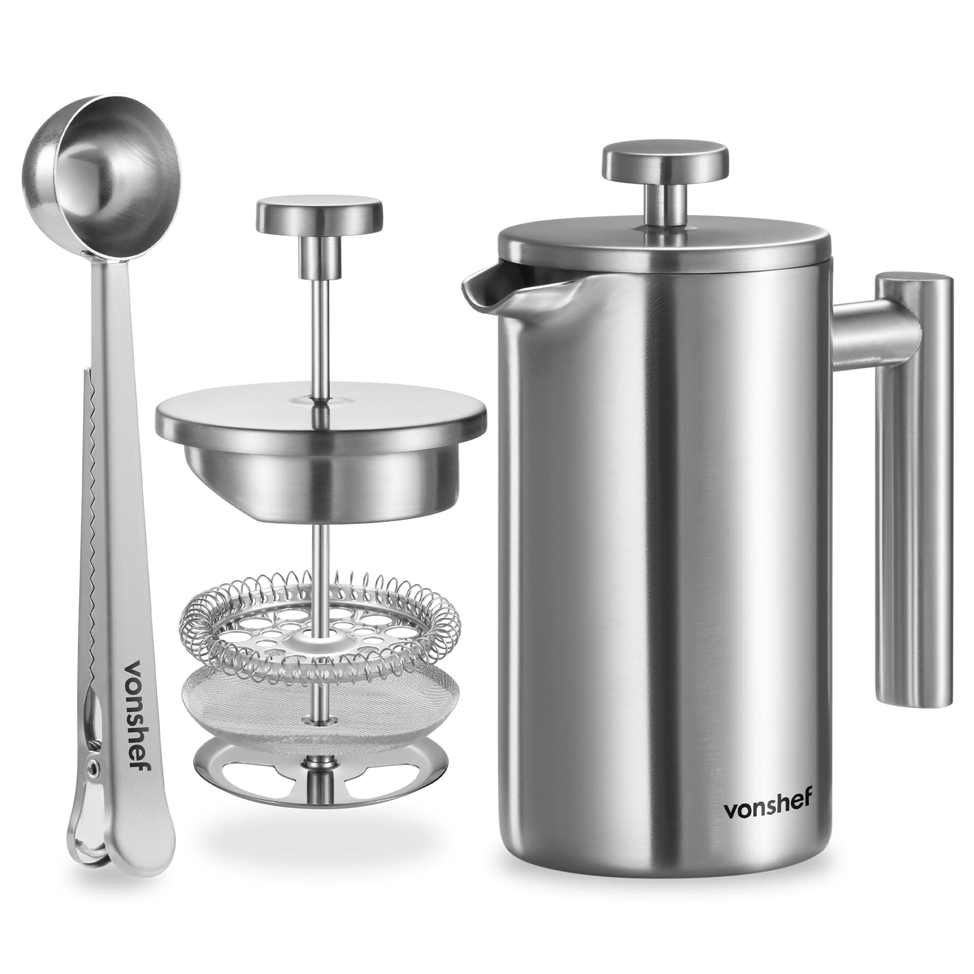 VonShef 3 Cup Cafetiere, Stainless Steel 350ml Double Walled French Press with Measuring Spoon/Bag Seal, Dishwasher Safe Filter Coffee Maker with Plunger