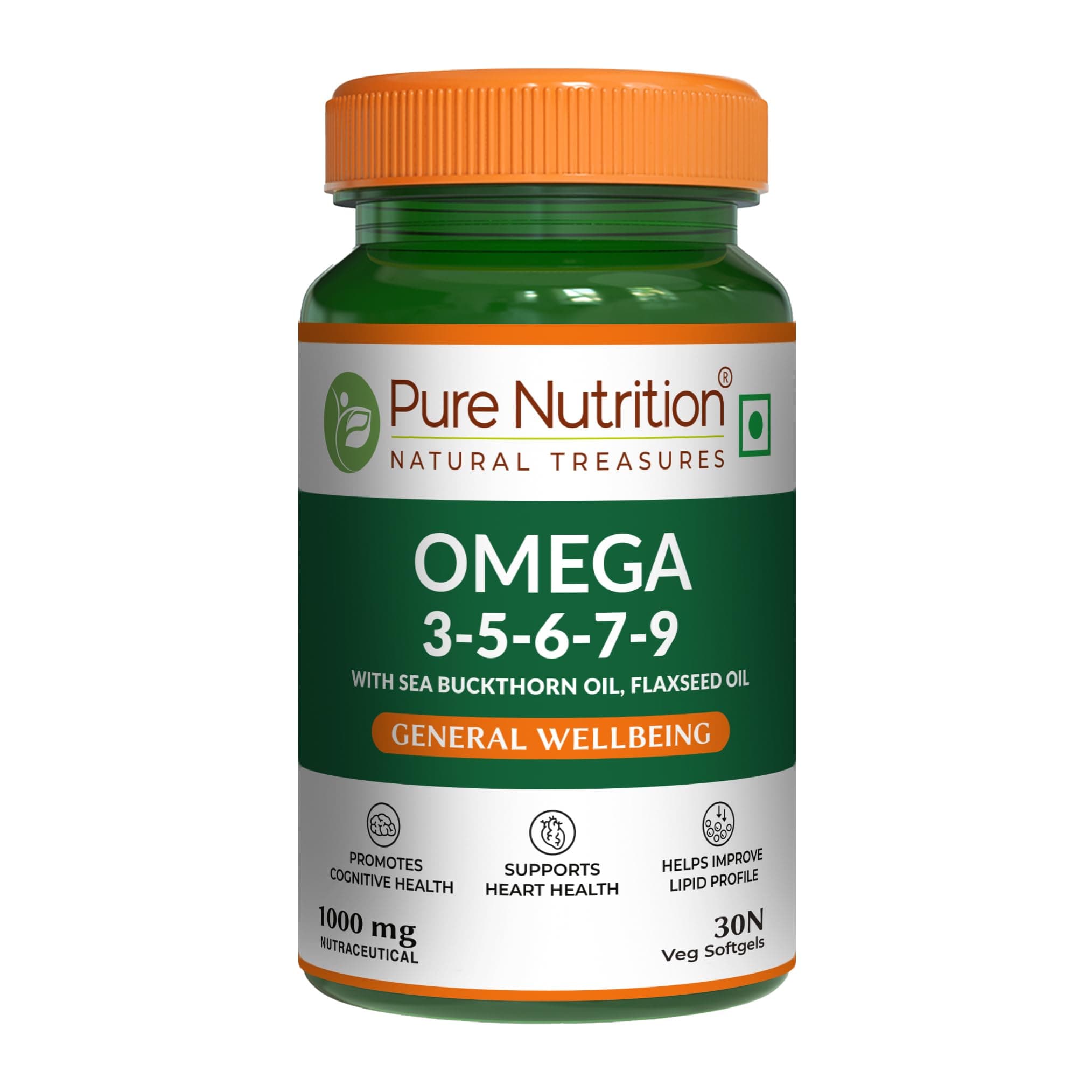 Omega 3-5-6-7-9, 1000mg 100% Veg, Plant-Based, Flaxseed Oil Helps in Brain & Heart Health & Immunity - 30 Veg Soft Gels