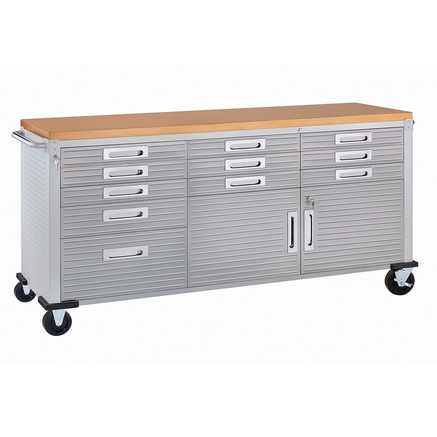 Seville Classics UltraHD Heavy Duty Rolling Cabinet Workbench Table w/Solid Wood Top, Workstation for Garage, Warehouse, Office, Workshop, 77" W x 20" D x 37.5" H, Granite, 11-Drawer