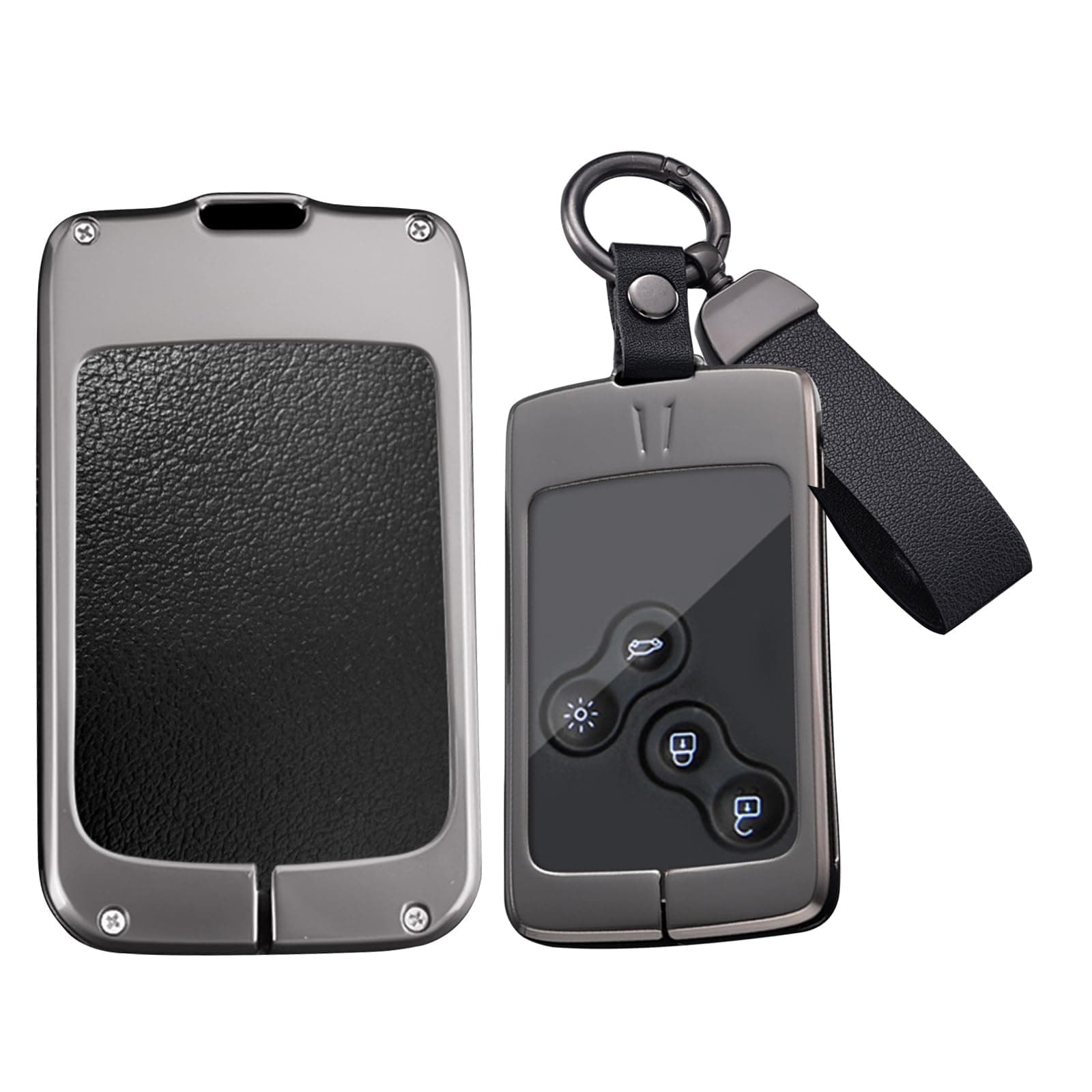 HIBEYO Key Fob Cover Compatible with Renault Clio Logan Megane Scenic Fluence Laguna Accessories Alloy Leather Key Shell Smart Remote Auto Key with Keychains-Long Keychian Black