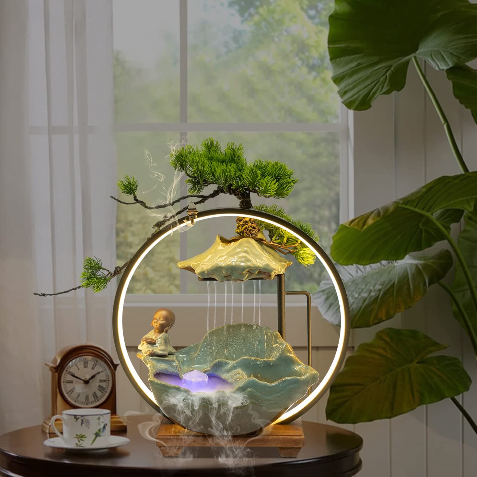 16In Bonsai Tree Statue Water Fountains Indoor Tabletop Waterfall Humidifier with LED Light and Atomizer Mist, Japanese Zen Decor Meditation Fake Plants Bonsai Feng Shui Decor Festival Birthday Gift