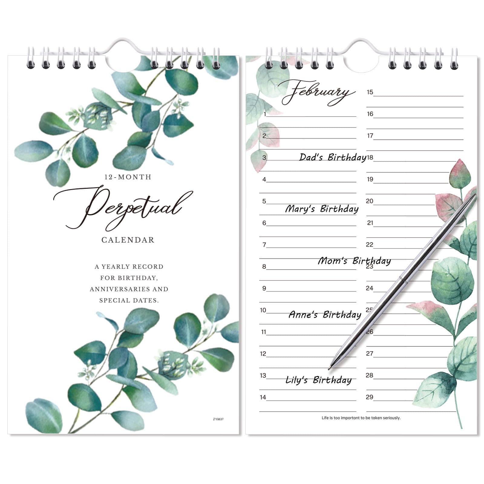 Perpetual Calendar - 12-Month Undated Calendar from Jan. to Dec., 6'' X10'' Perpetual Calendar with 2 Lines Per Days, Reminding Anniversaries, Birthdays, Festivals, Birthday Reminder Book with Thick Paper - Green Leaves