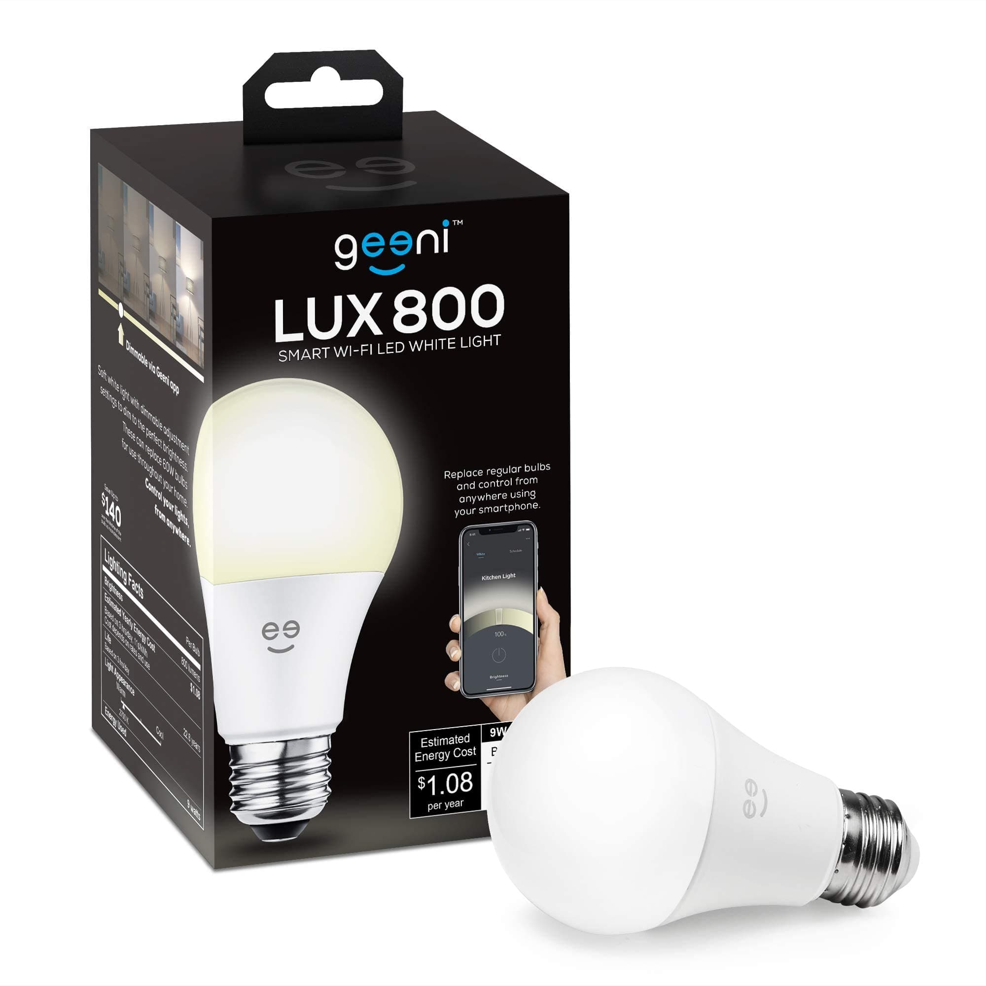 Geeni LUX 800 Smart Wi-Fi LED Dimmable White Light Bulb (2700K) – A19, 60-Watt Equivalent – No Hub Required – Works with Amazon Alexa, Google Assistant