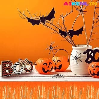 6 Pack 29x108 Inch Metallic Foil Fringe Tinsel Table Skirts Banner for Rectangle Tables Streamer Garland Curtains Backdrop for Wedding, Birthday, Parade Floats, Halloween Party Decoration(Orange)