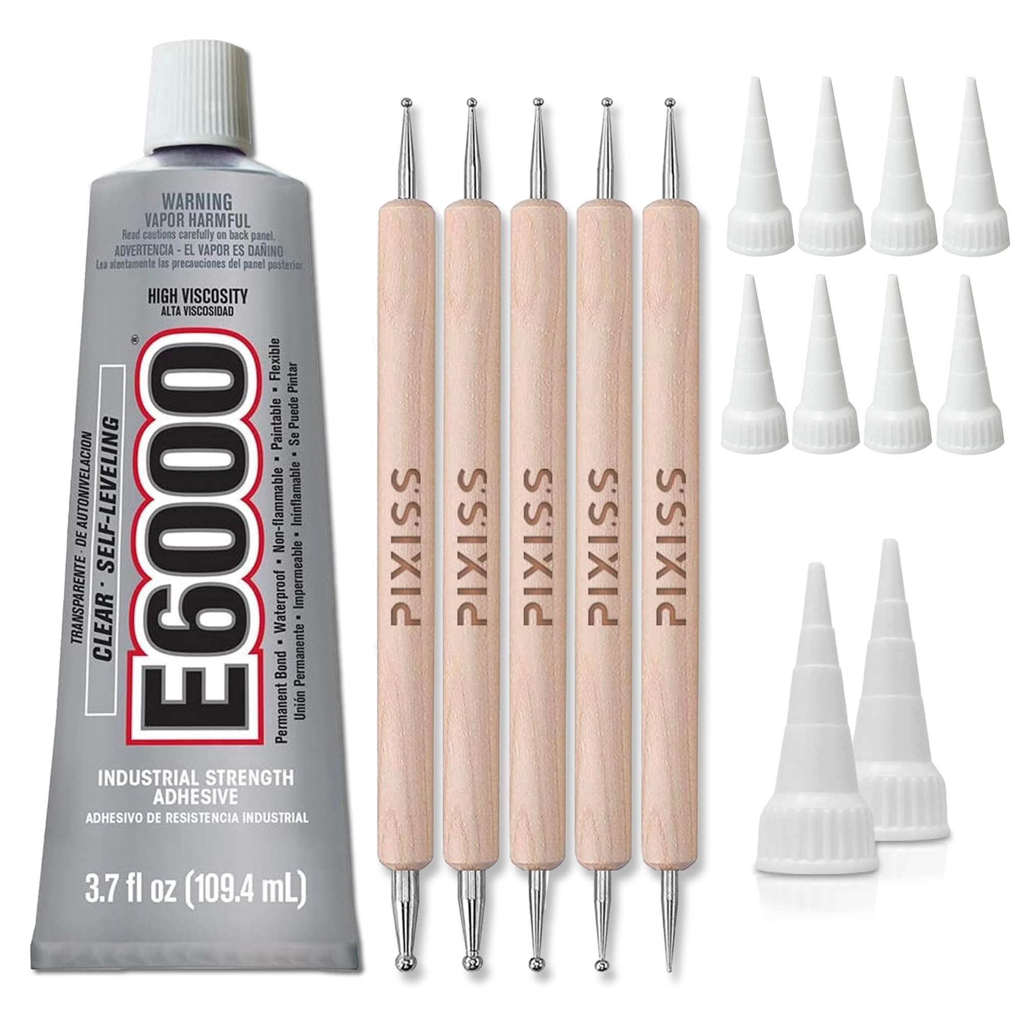 E6000 3.7 Ounce (109.4mL) Tube Industrial Strength Adhesive for Crafting, 10 Snip Tip Applicator Tips and Pixiss Art Dotting Stylus Pens 5 pcs Set