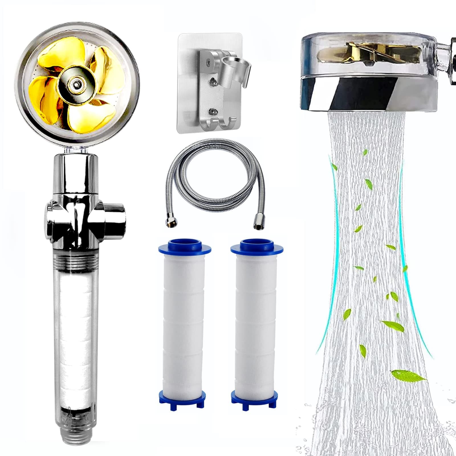 Mrs Fei High Pressure Shower Heads with Filter,360° Rotational Jet Powered Shower Head Set with 2 Filters、Hose and Holder Gold Turbo Fan Propeller Driven Shower Head