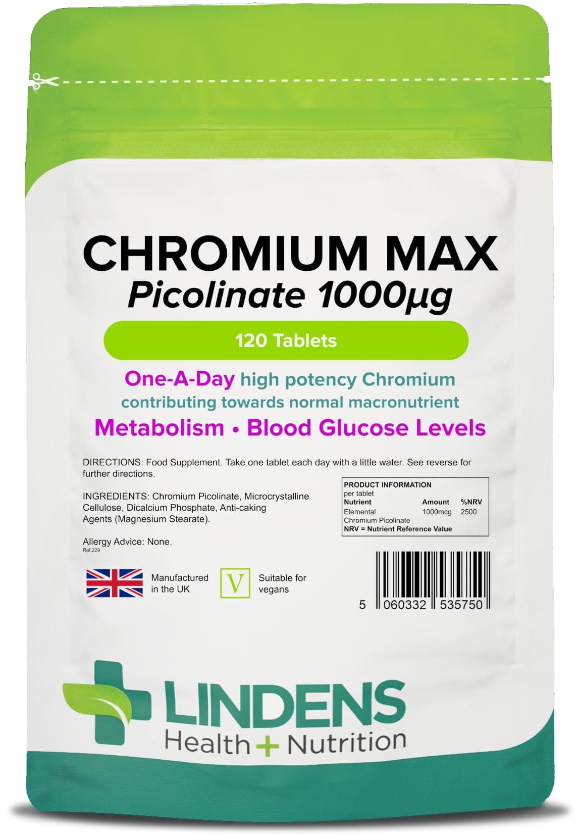 Lindens Chromium Max 1000mcg Picolinate - 120 Tablets | Detox, Metabolism, Blood Glucose, | Mega Potency (2500% NRV) | 4 Months Supply, UK Manufacturer, Letterbox Friendly, Vegan