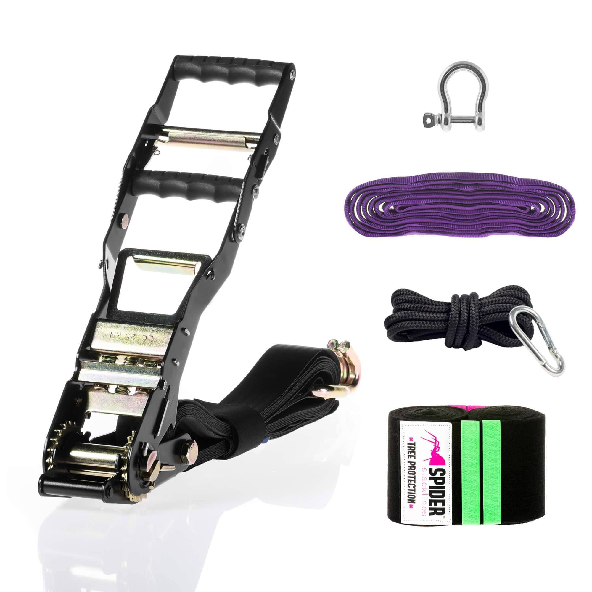 TAS09 - Mandingo Kit SR - Professional Double Lever Ratchet with SR XL and Accessories - Contains a Mandingo Tensioner with Slow Release XL, a Sling 1T 3m, a 1.5T 12mm Shackle, Two XL Shaft Protectors and a Back Up Kit - Complete Set for Slackline PRO and TRICK Tensioning